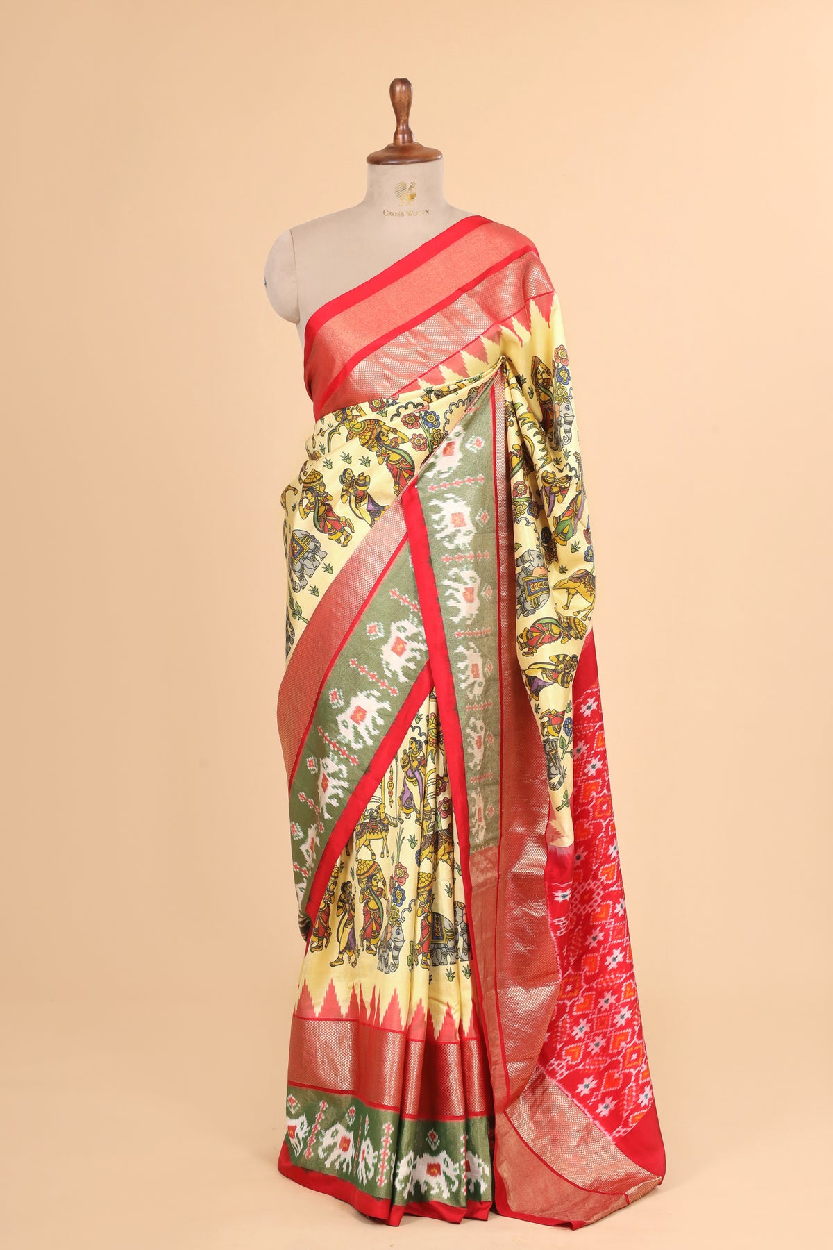 Butter Yellow Pure Katan Silk Fusion Saree With Kalamkari-Inspired Print & Ikkat Border
