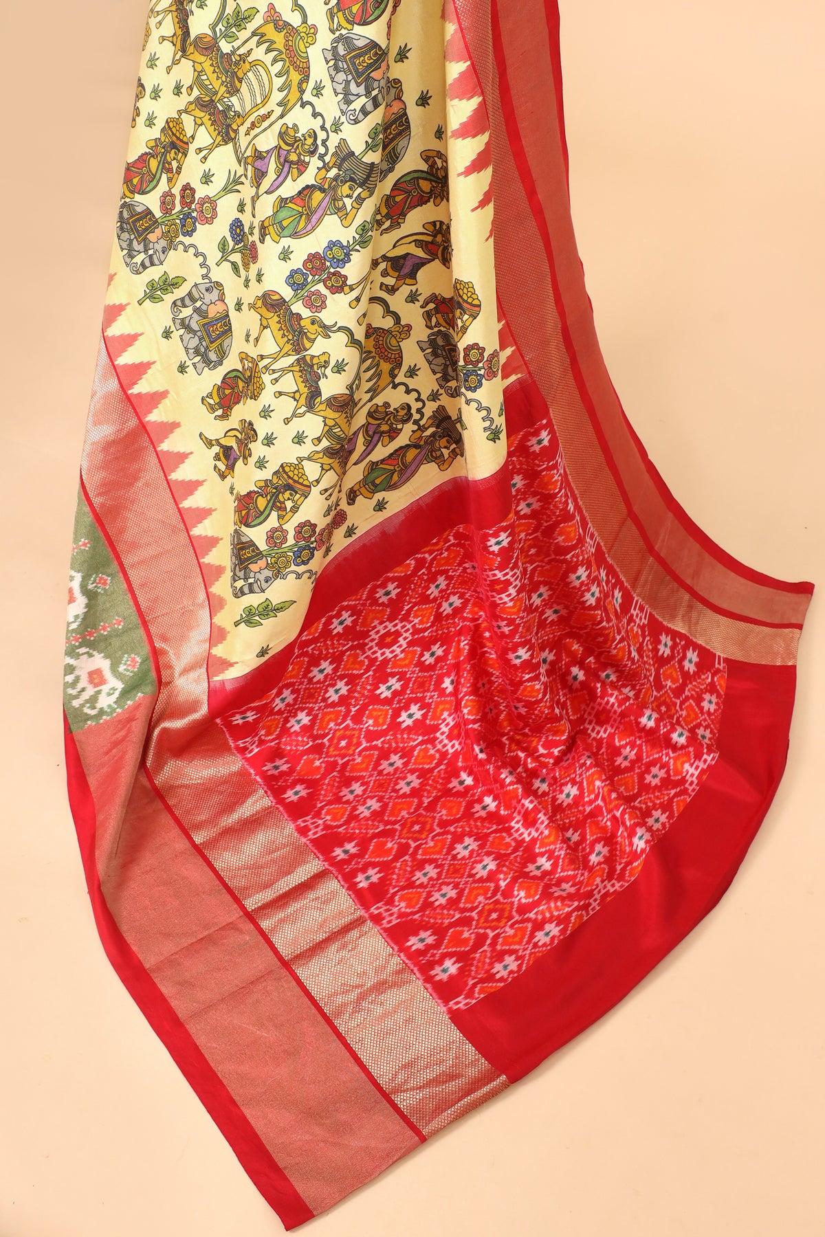 Butter Yellow Pure Katan Silk Fusion Saree With Kalamkari-Inspired Print & Ikkat Border