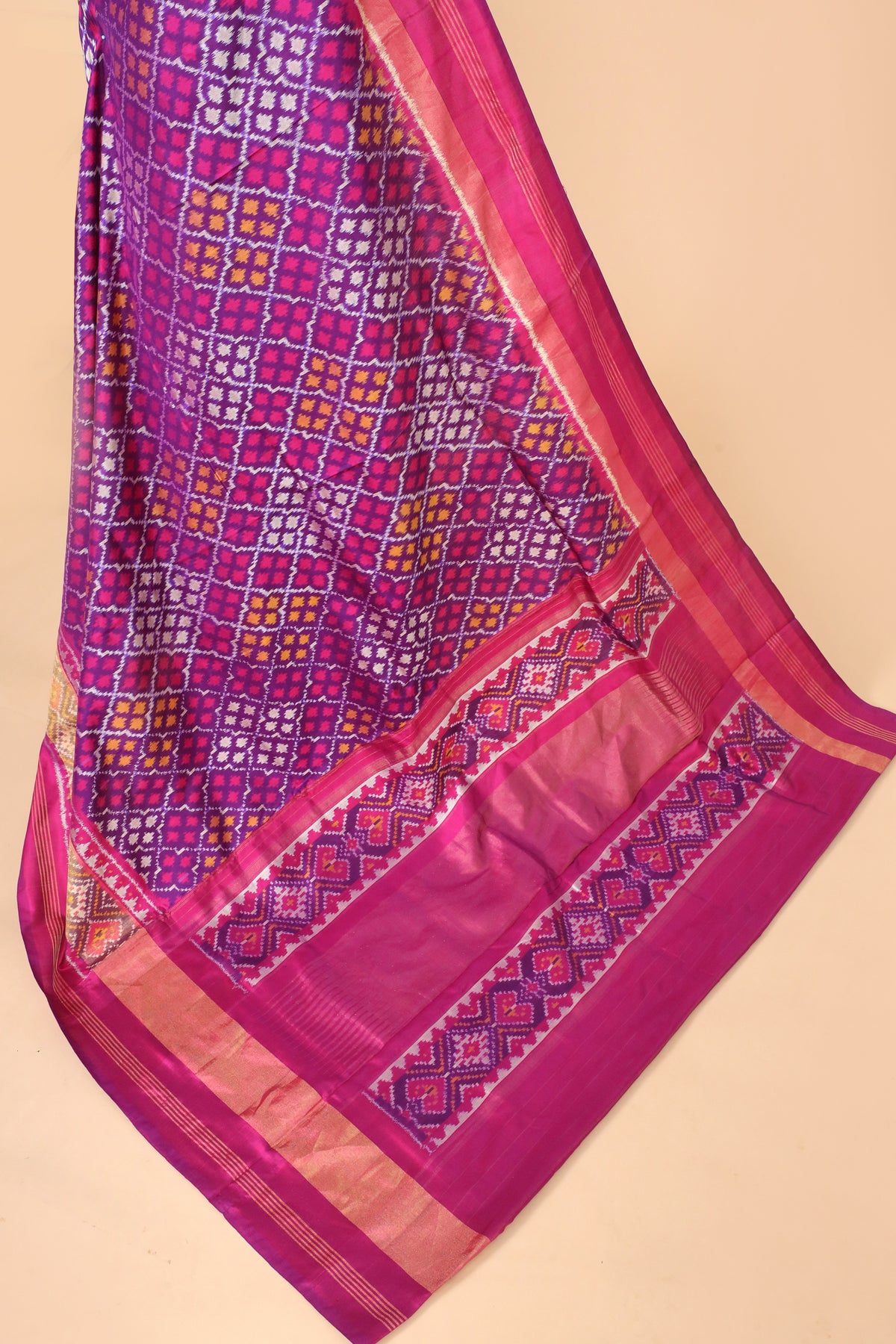 Purple Pure Katan Silk Patola Saree with Multicolour Geometric Pattern
