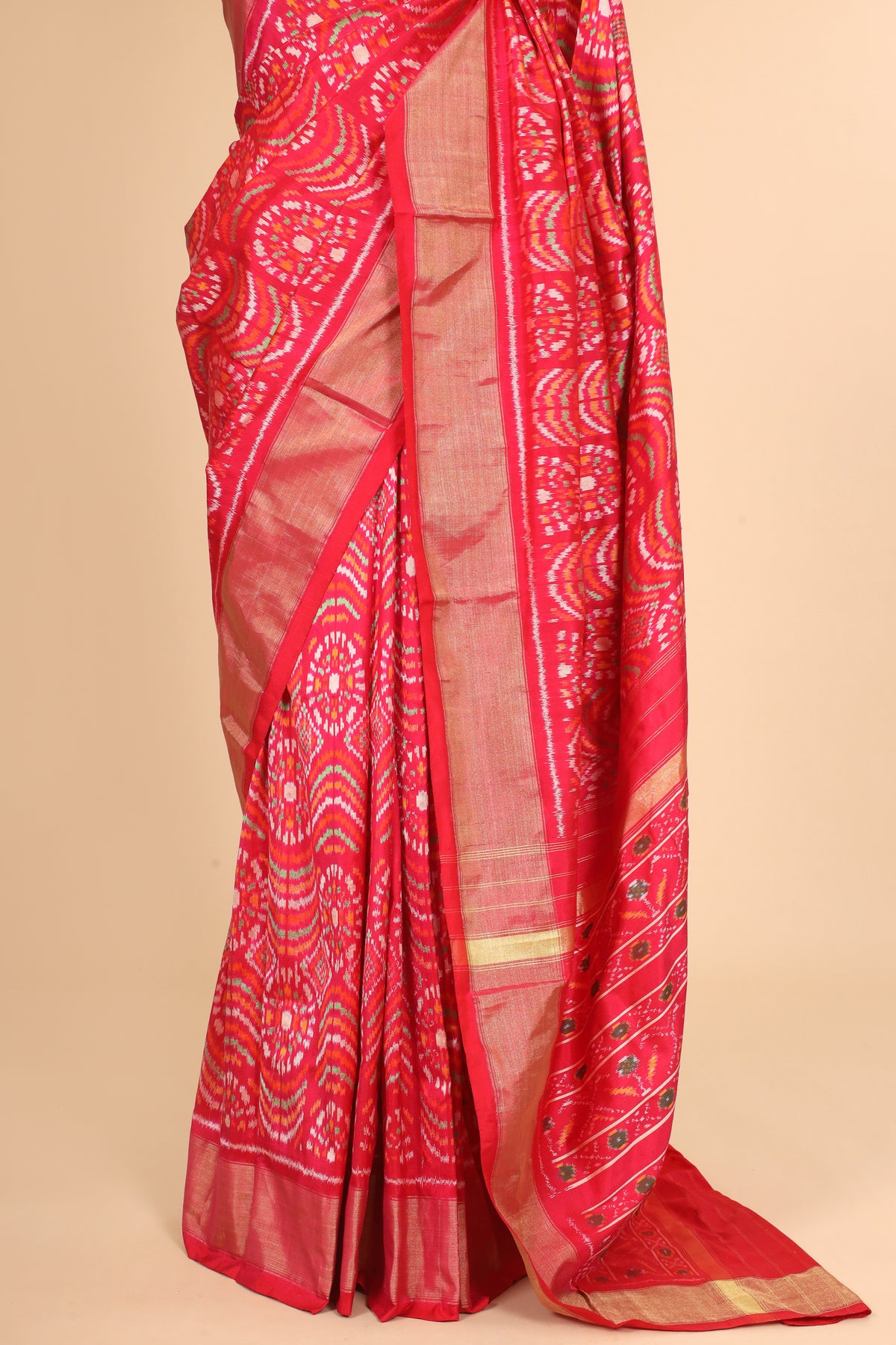 Red Pure Katan Silk Patola Saree with Geometric Ikat-Inspired Motifs
