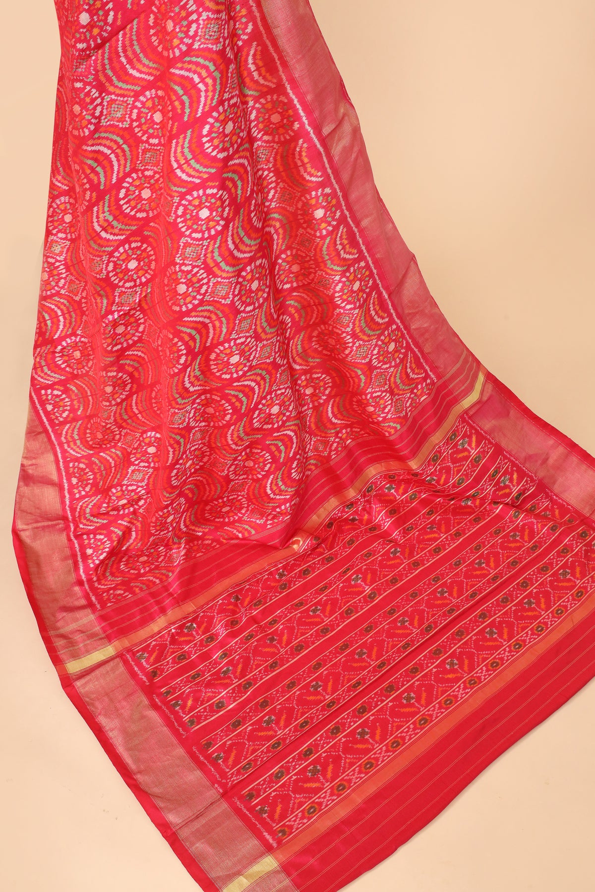 Red Pure Katan Silk Patola Saree with Geometric Ikat-Inspired Motifs