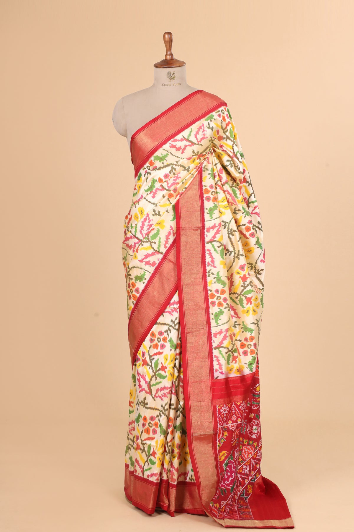 Ivory Pure Katan Silk Patola Saree with Multicolour Traditional Weave