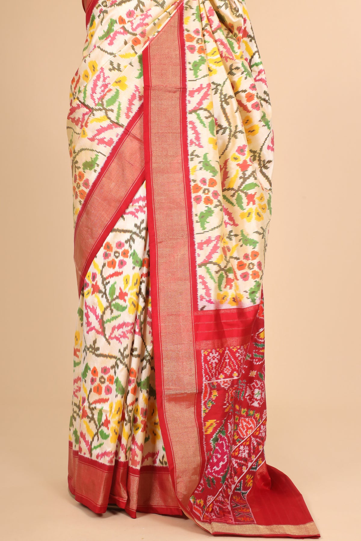 Ivory Pure Katan Silk Patola Saree with Multicolour Traditional Weave