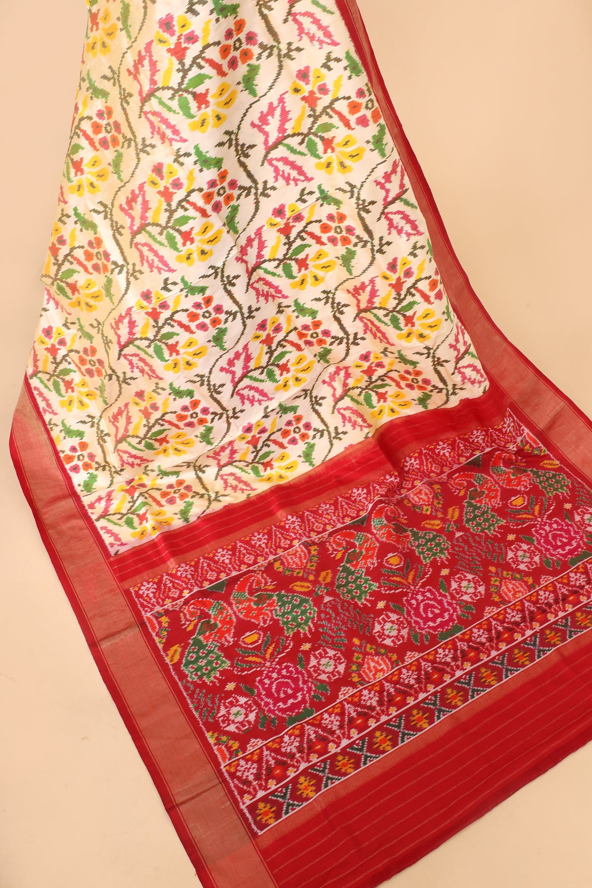 Ivory Pure Katan Silk Patola Saree with Multicolour Traditional Weave