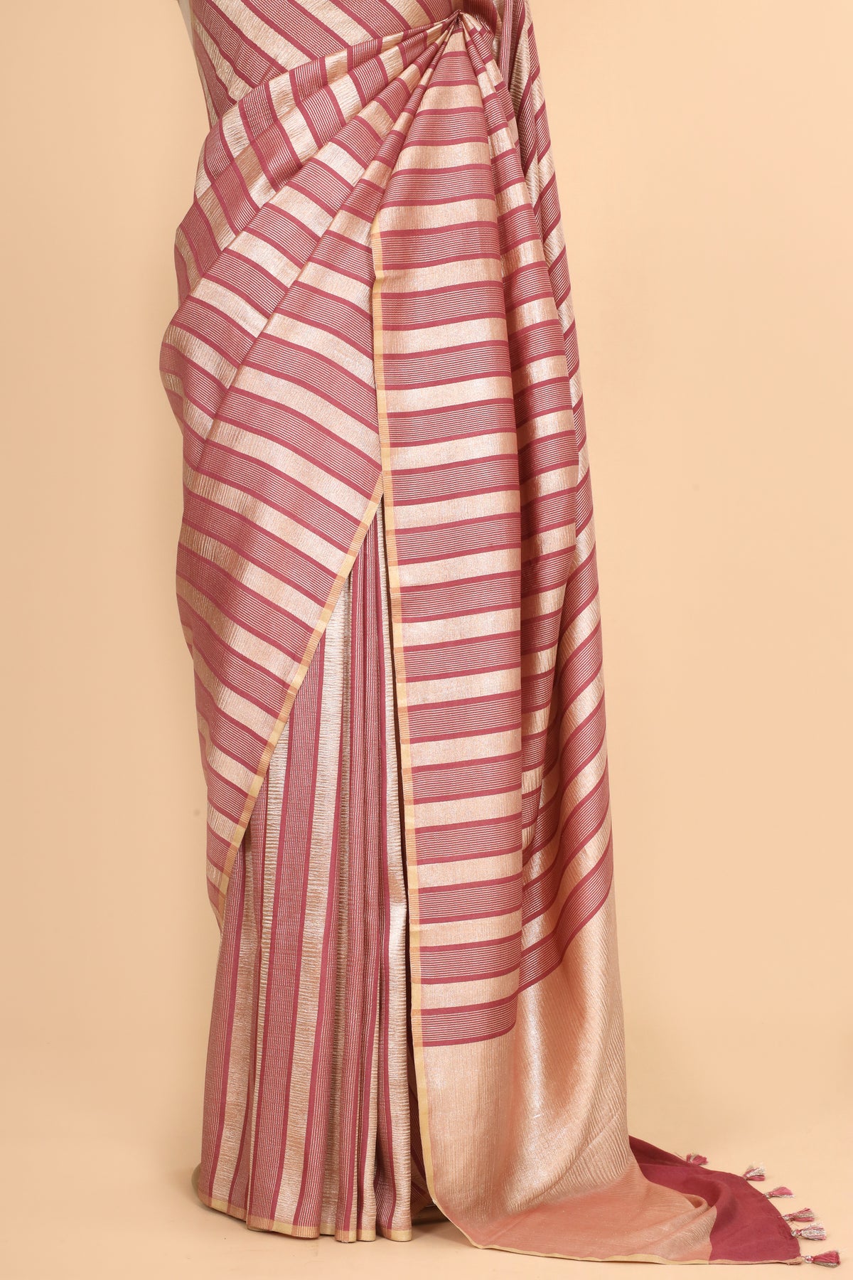 Dusty Rose Gold Zari Striped Munga Silk Saree