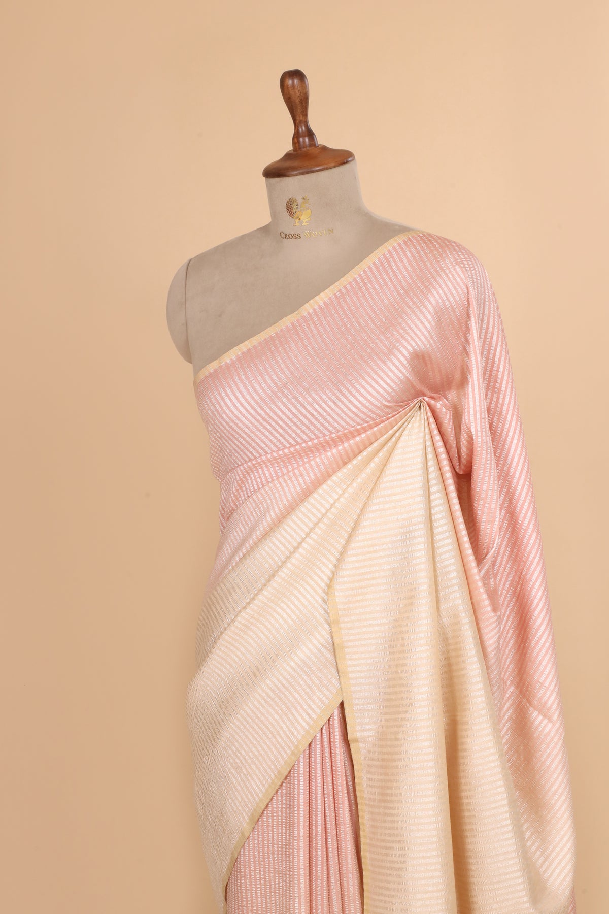 Peach Pure Munga Silk Saree With Zari Stripe