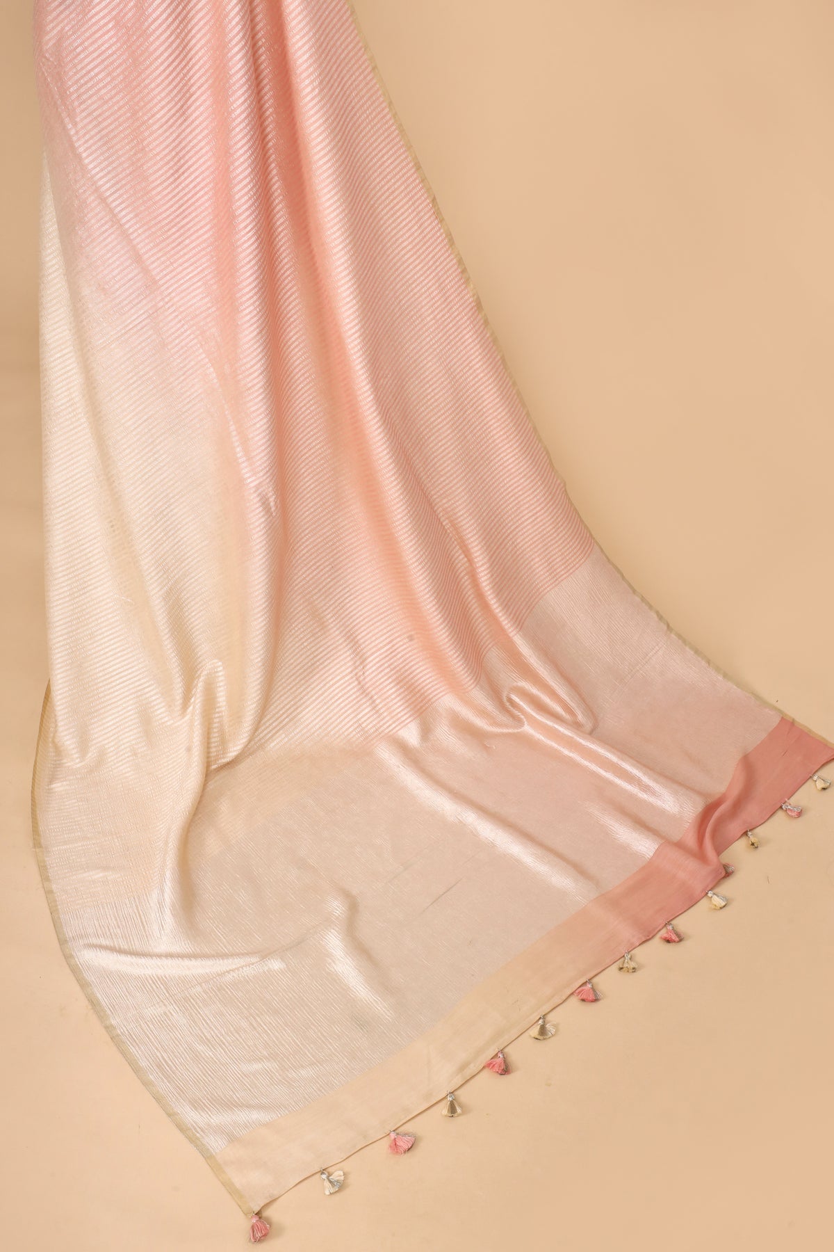 Peach Pure Munga Silk Saree With Zari Stripe