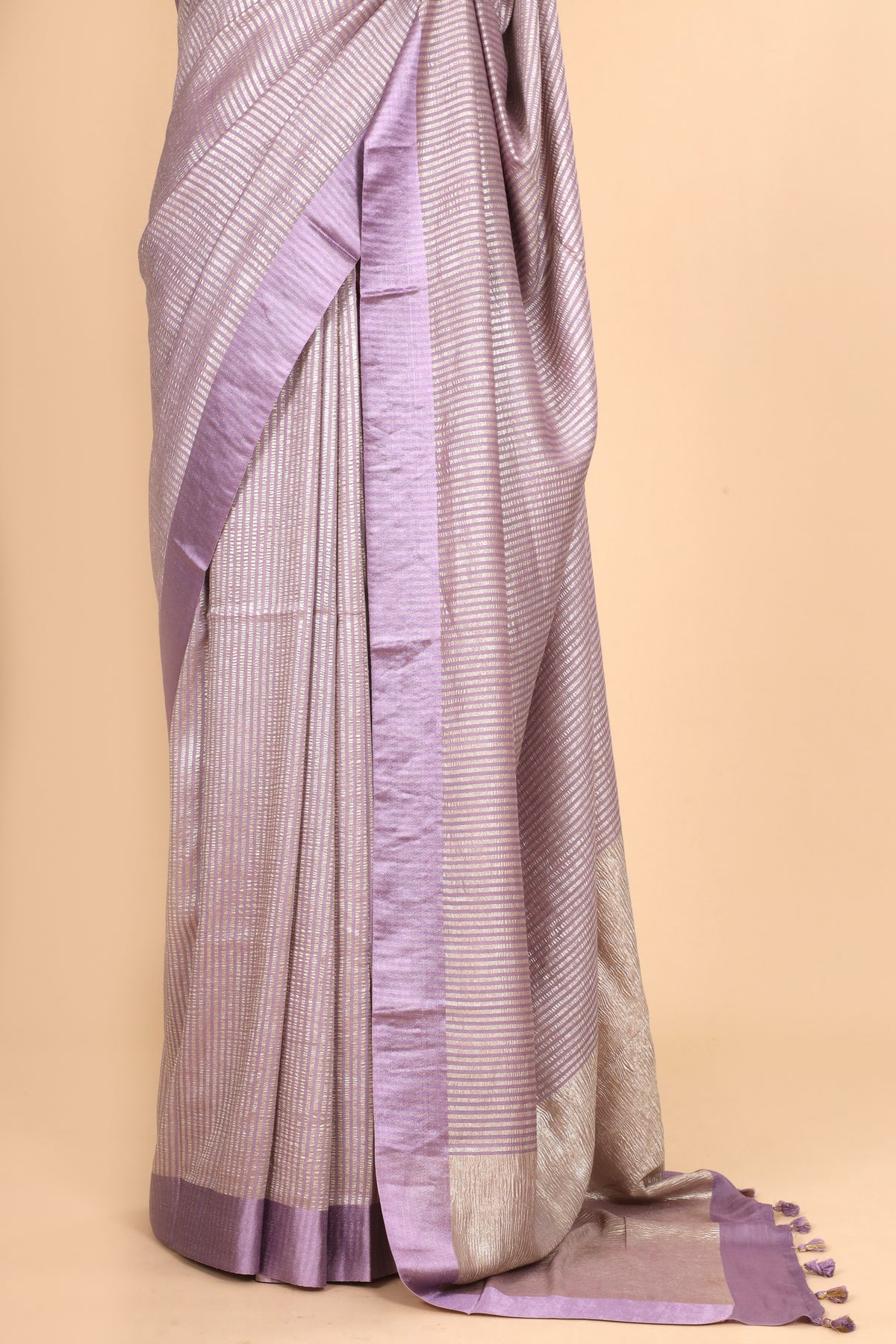 Lavender Purple Pure Munga Silk Saree With Zari Stripe