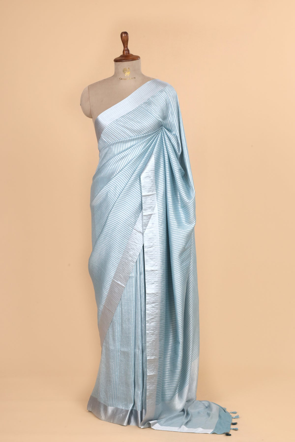 Powder Blue Pure Munga Silk Saree With Zari Stripe