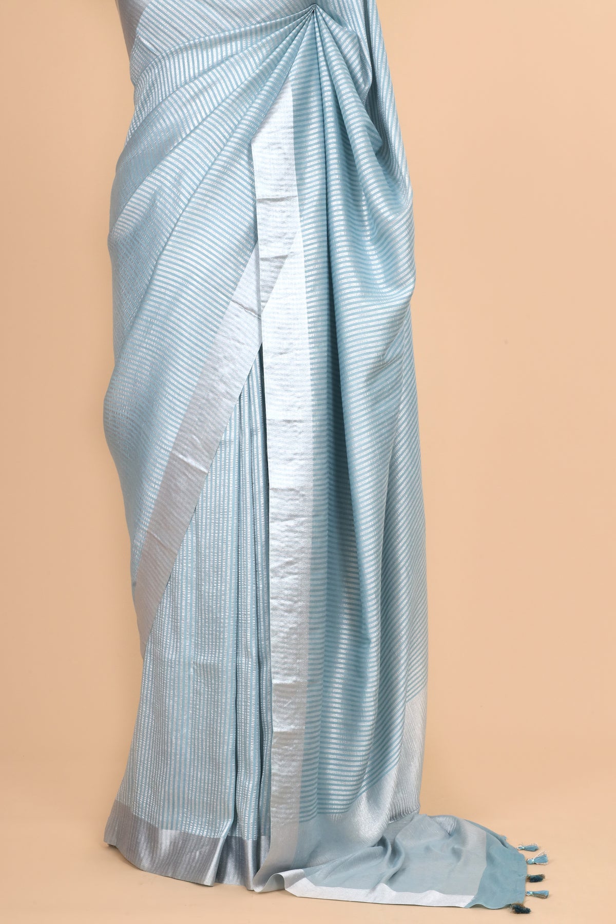 Powder Blue Pure Munga Silk Saree With Zari Stripe