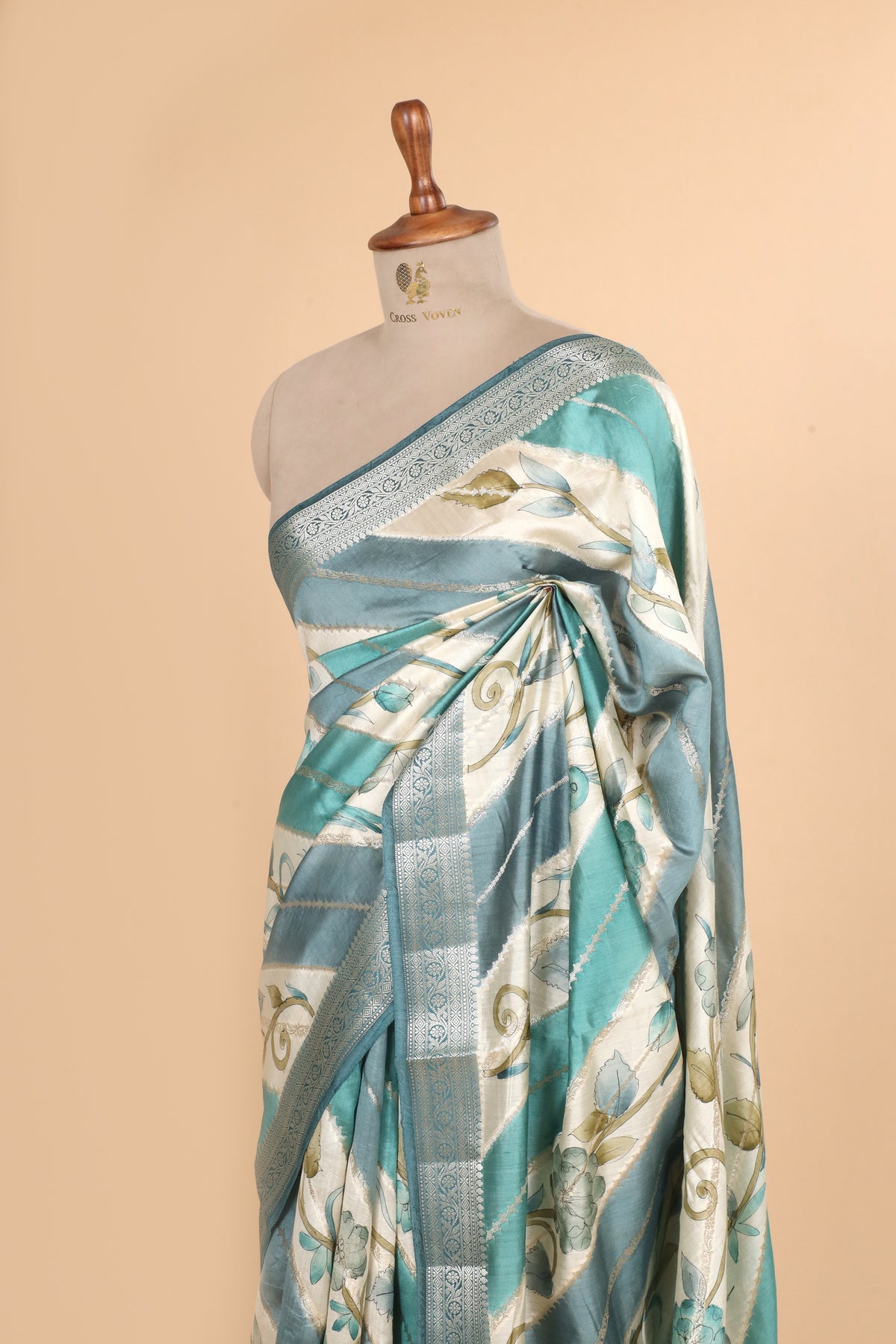 Dusty Blue Rangkat Handbrush Pure Chiniya Silk Saree