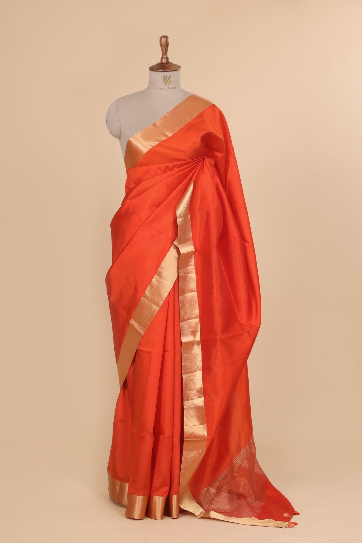 Orange Plain Handwoven Pure Banarasi Soft Silk Saree