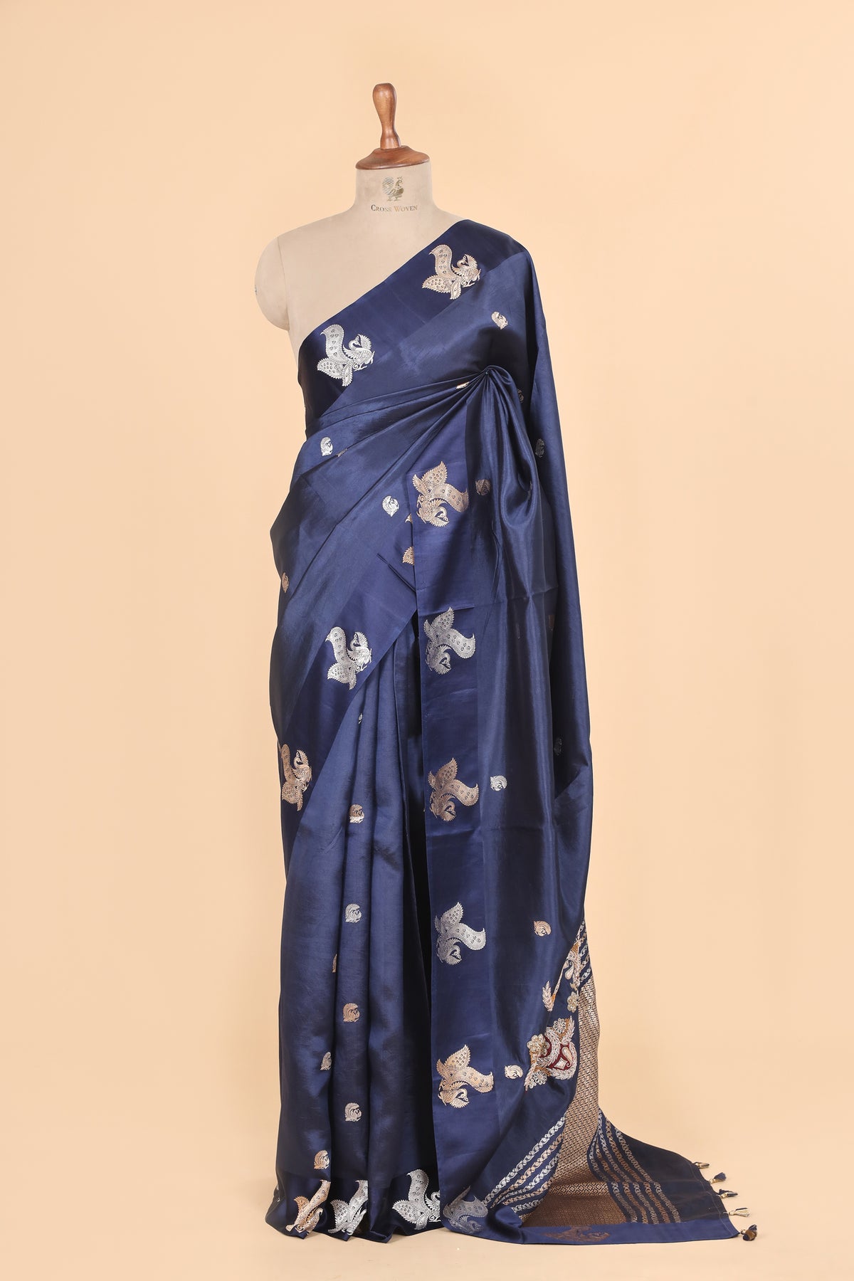 Gayatri Mantra Embellished Handwoven Navy Blue Banarasi Soft Silk Saree With Peacock Motifs