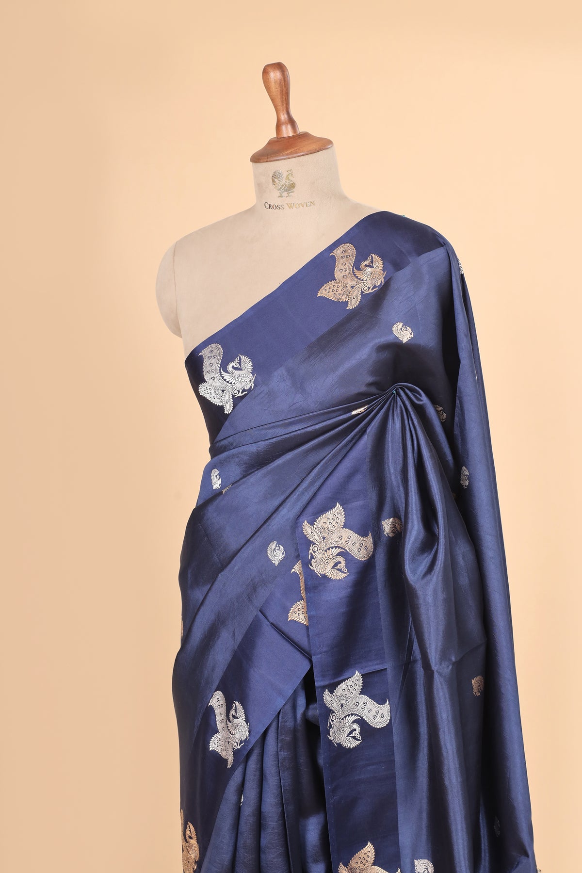 Gayatri Mantra Embellished Handwoven Navy Blue Banarasi Soft Silk Saree With Peacock Motifs