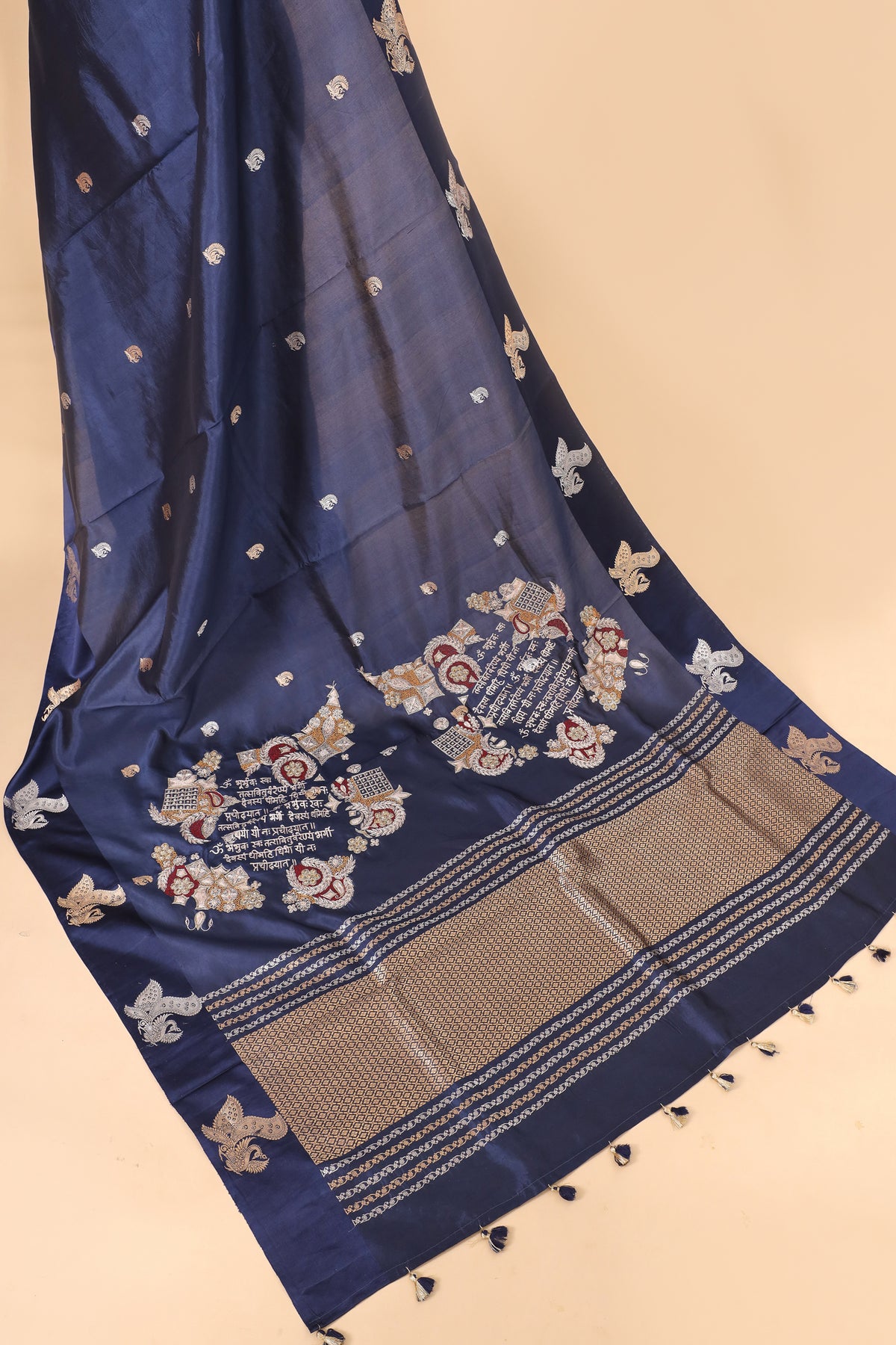 Gayatri Mantra Embellished Handwoven Navy Blue Banarasi Soft Silk Saree With Peacock Motifs