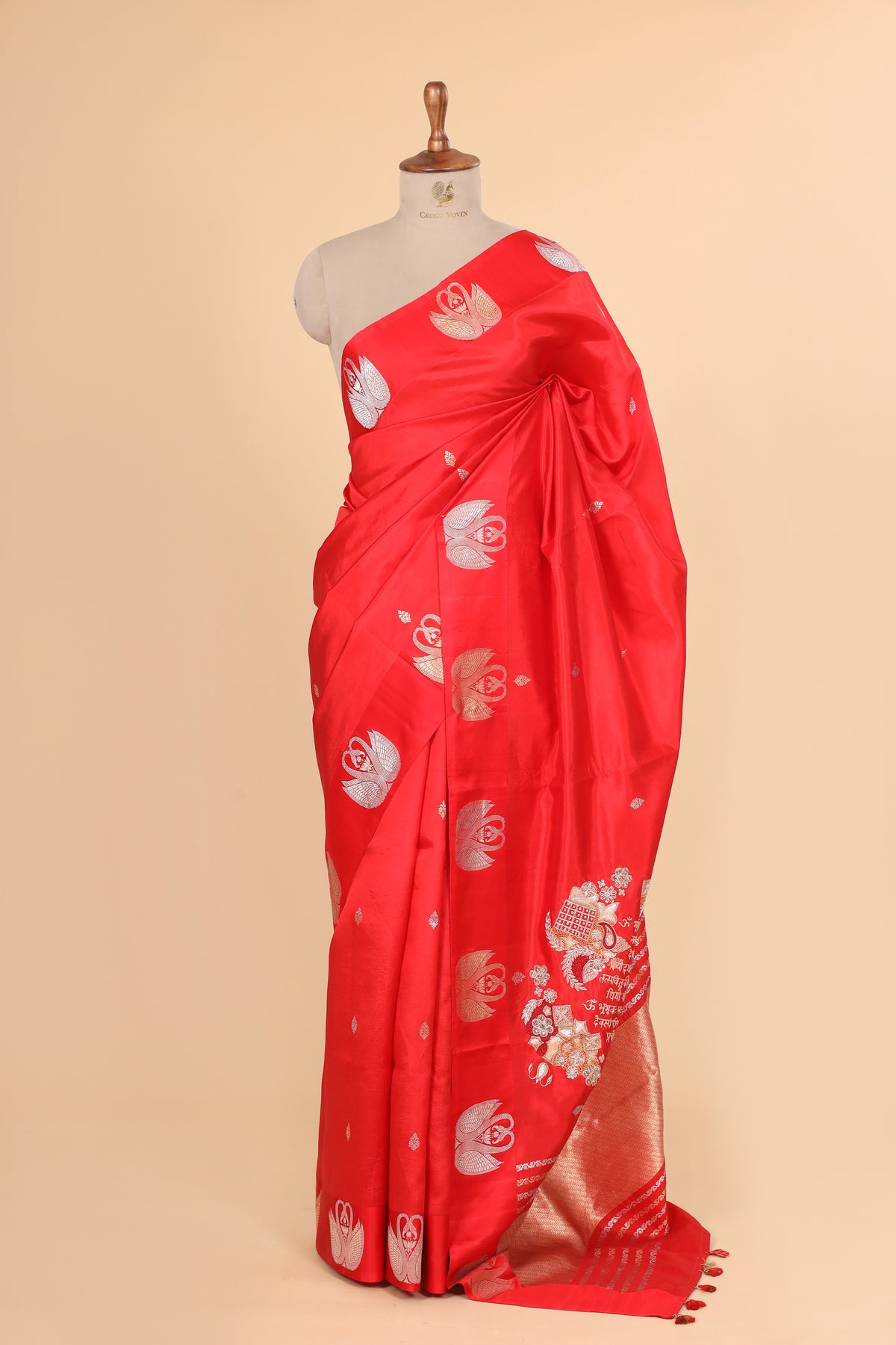 Gayatri Mantra Embellished Handwoven Red Banarasi Soft Silk Saree With Swan Motifs