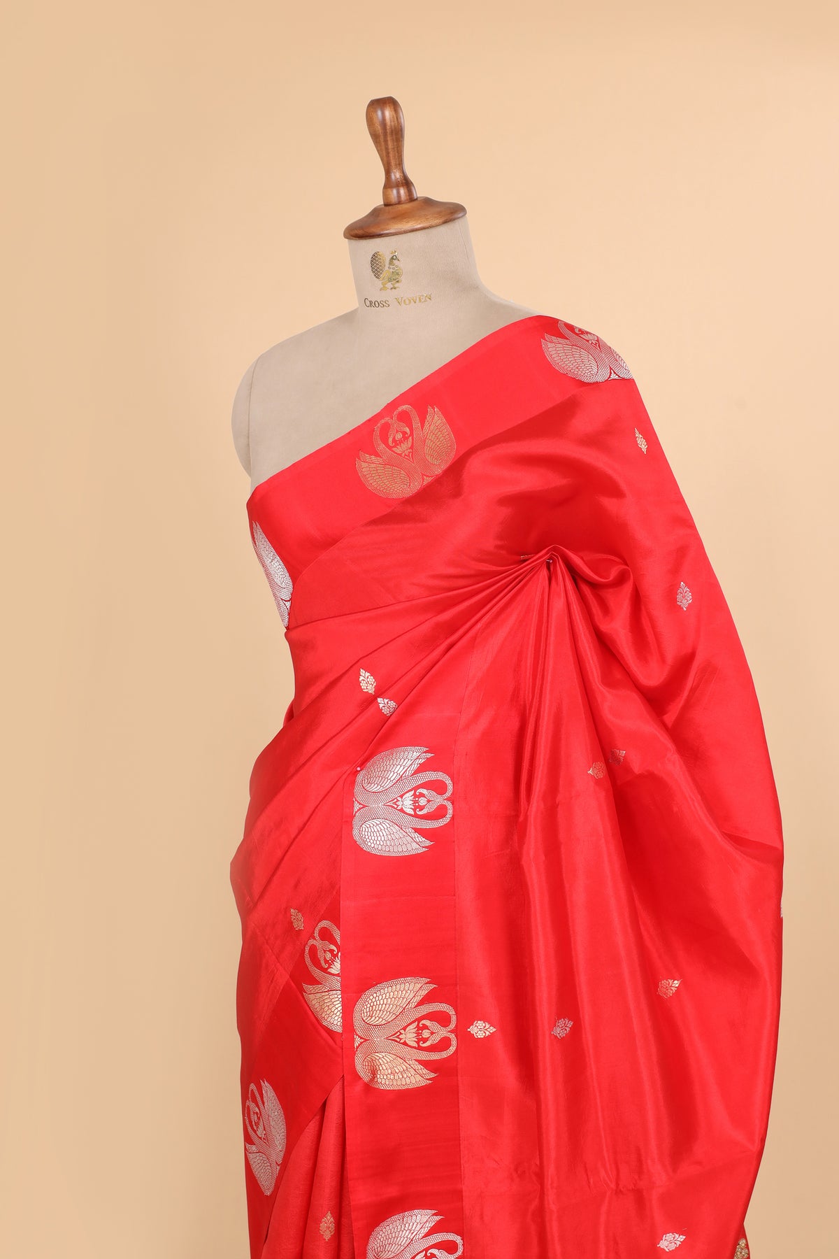 Gayatri Mantra Embellished Handwoven Red Banarasi Soft Silk Saree With Swan Motifs