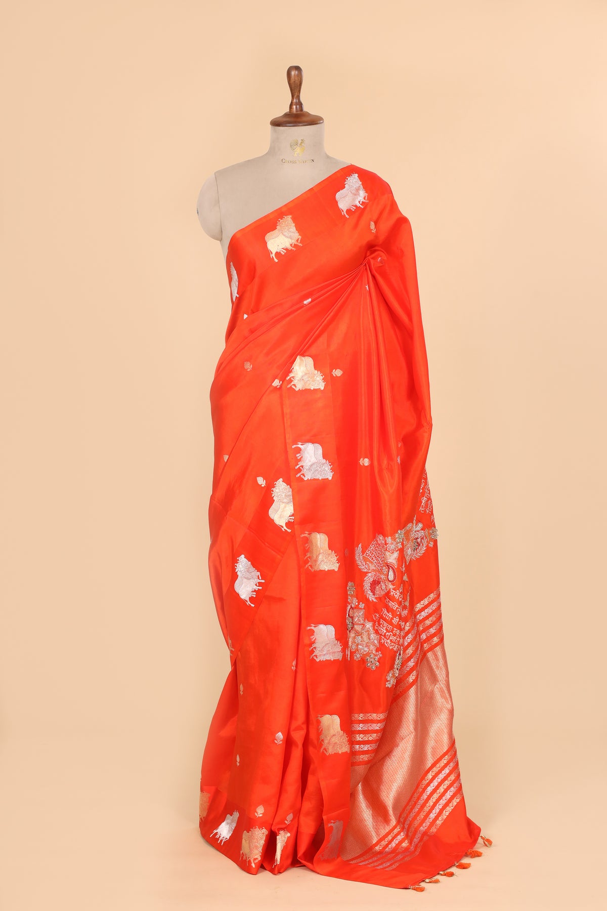 Gayatri Mantra Embellished Handwoven Bright Orange Banarasi Soft Silk Saree WIth Nandi Motifs