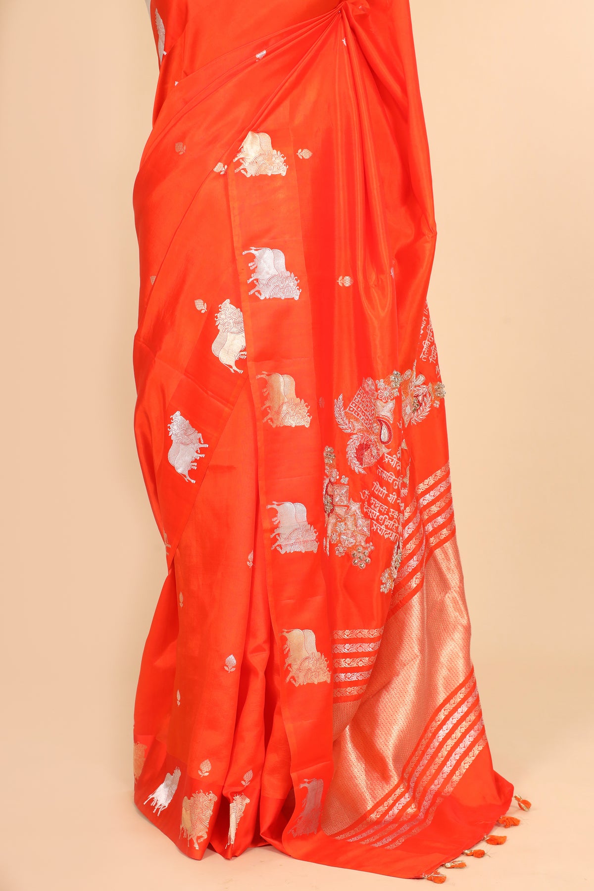 Gayatri Mantra Embellished Handwoven Bright Orange Banarasi Soft Silk Saree WIth Nandi Motifs