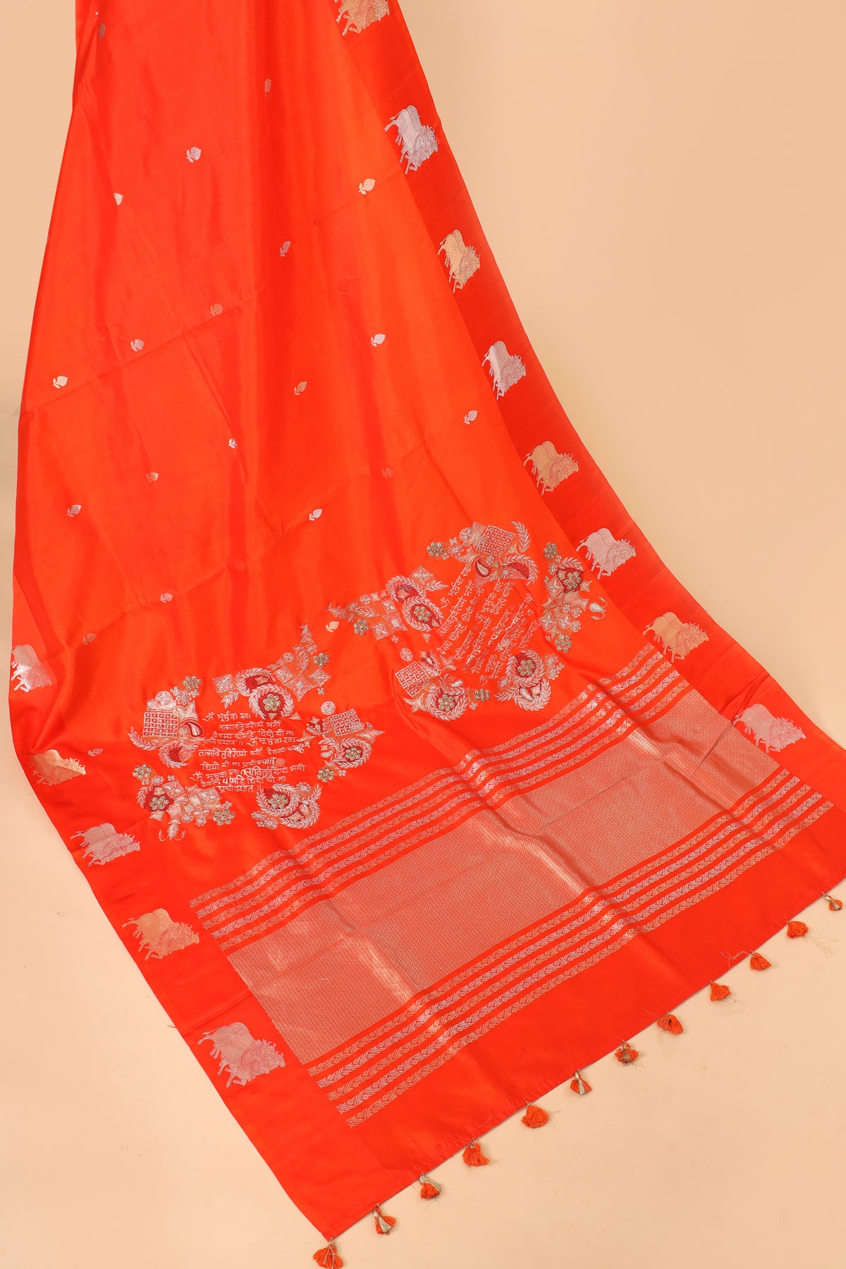 Gayatri Mantra Embellished Handwoven Bright Orange Banarasi Soft Silk Saree WIth Nandi Motifs