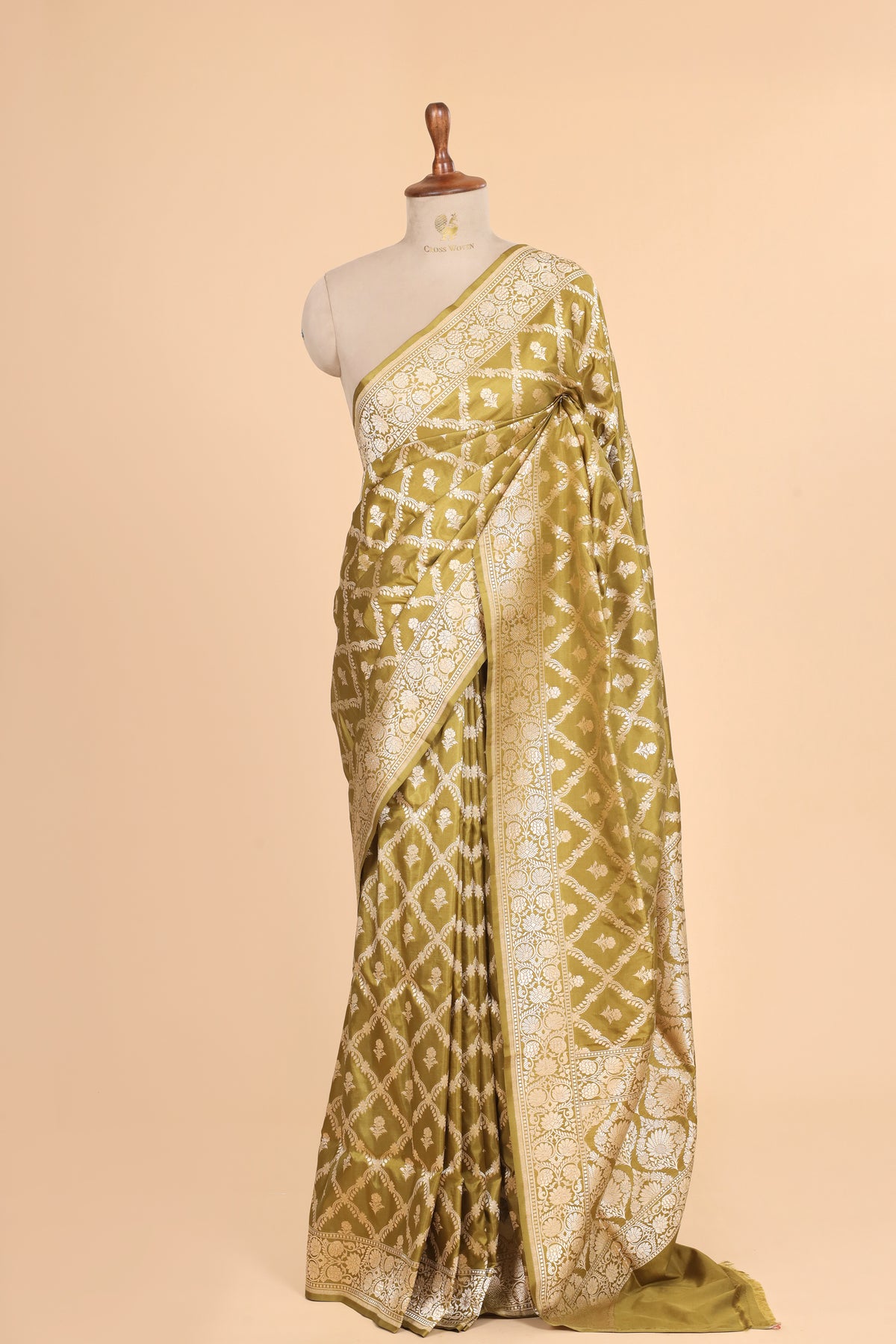 Olive Green Pure Katan Silk Saree Allover Jaal
