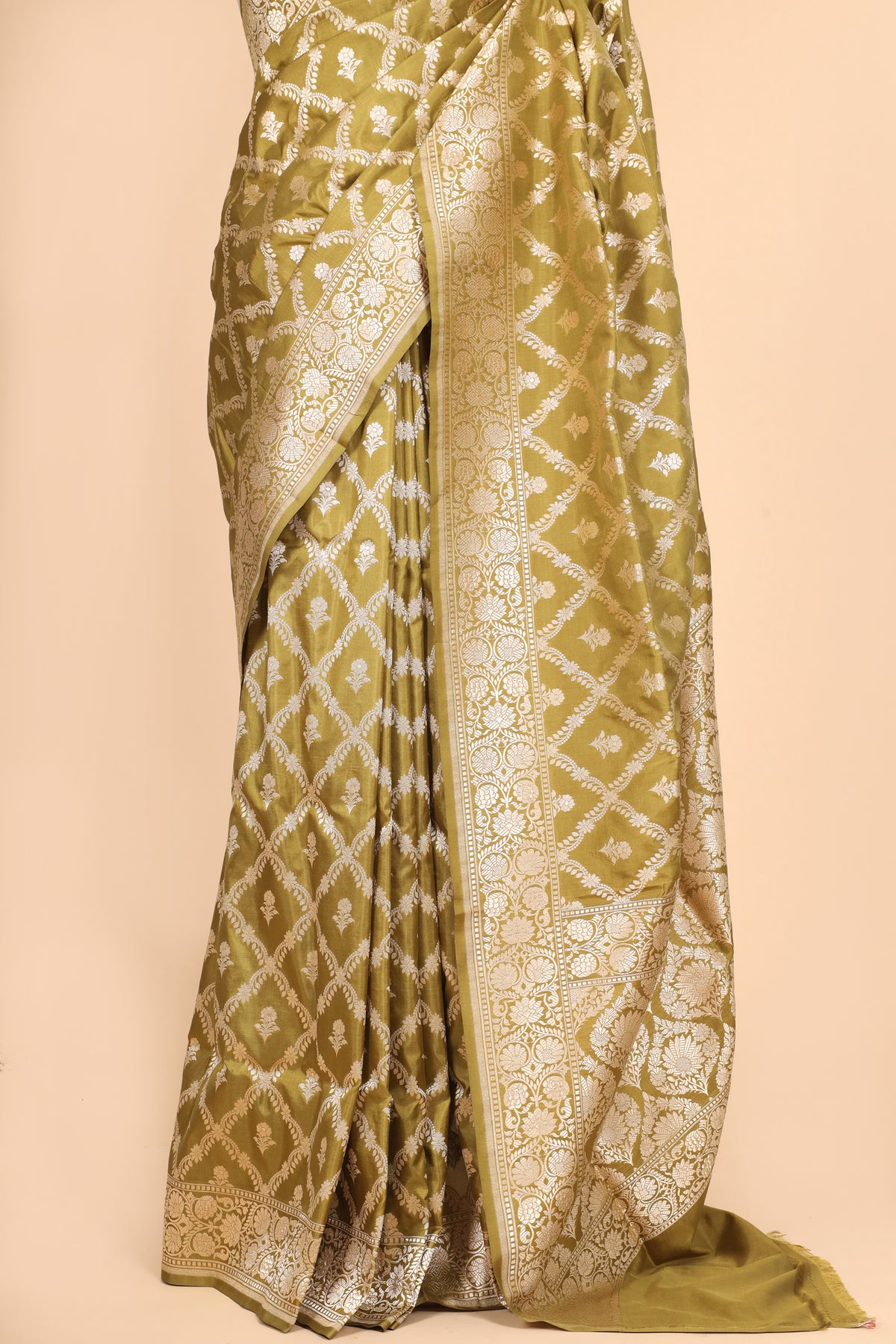 Olive Green Pure Katan Silk Saree Allover Jaal