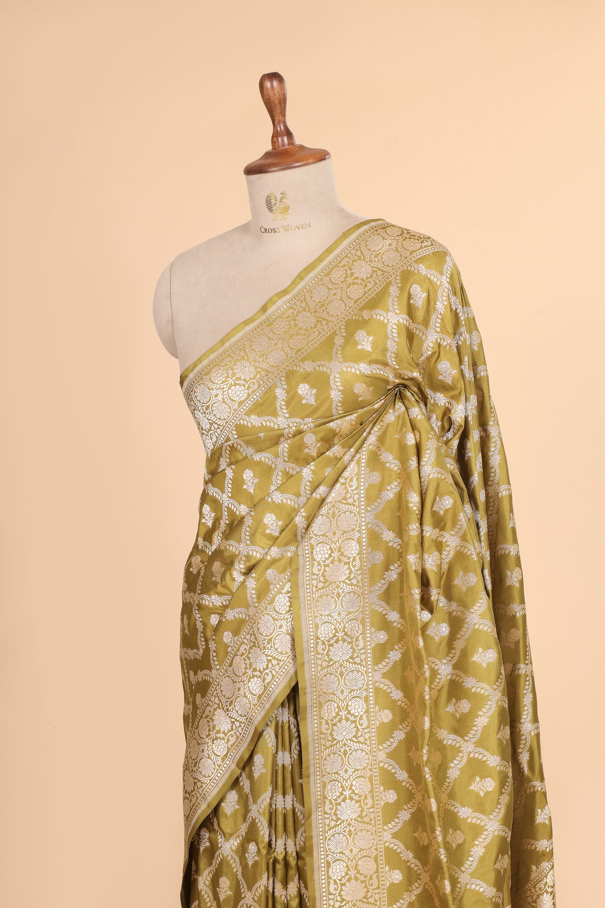 Olive Green Pure Katan Silk Saree Allover Jaal