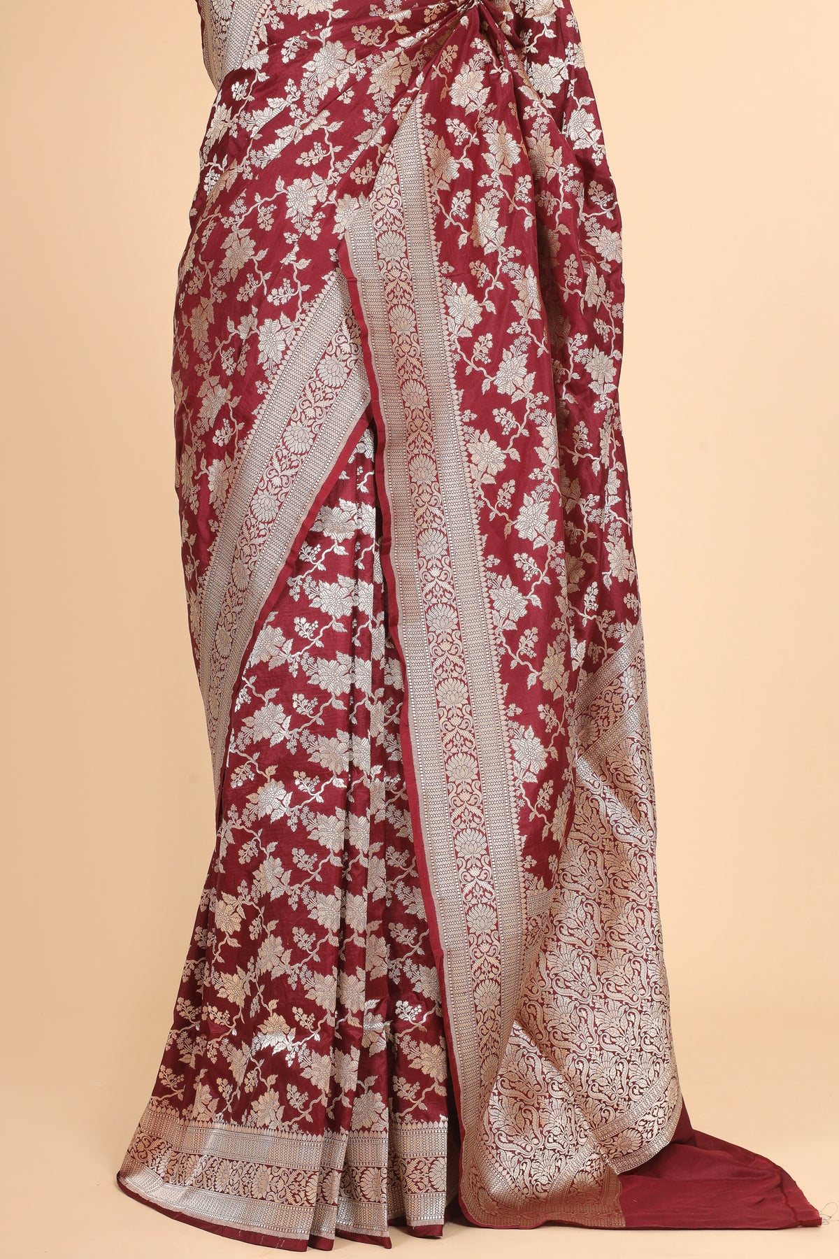Deep Maroon Pure Katan Silk Saree Allover Jaal