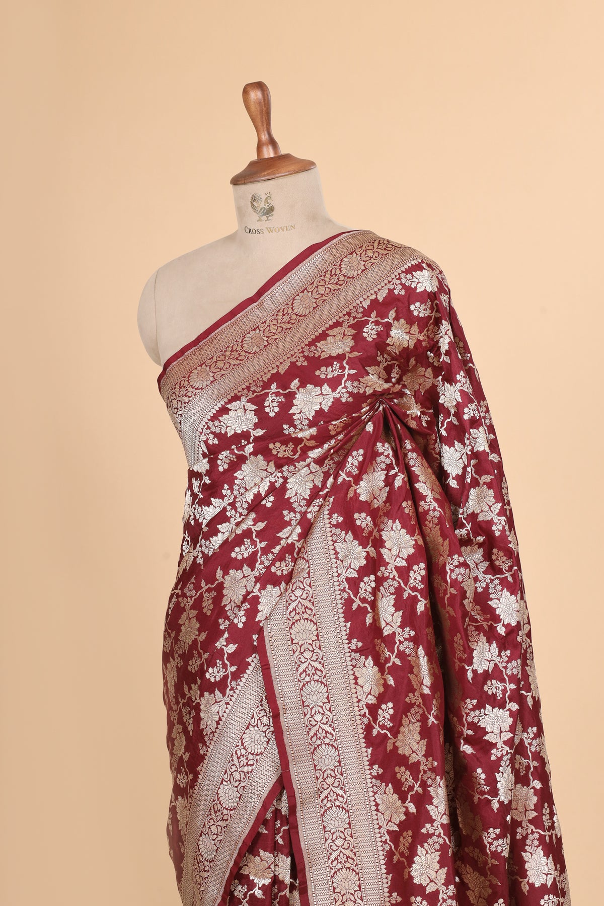 Deep Maroon Pure Katan Silk Saree Allover Jaal