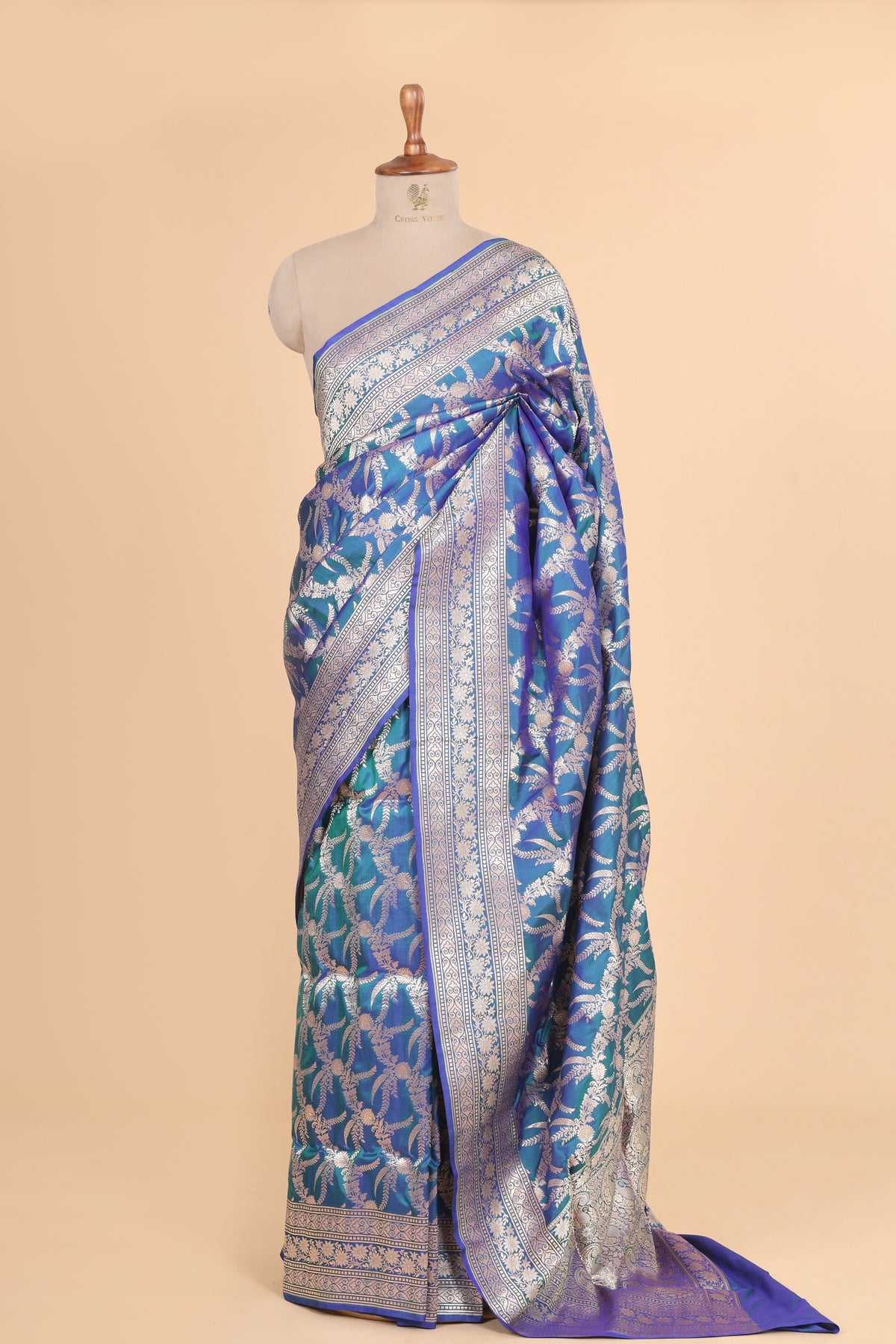 Dual Tone Peacock Blue Pure Katan Silk Saree Allover Jaal
