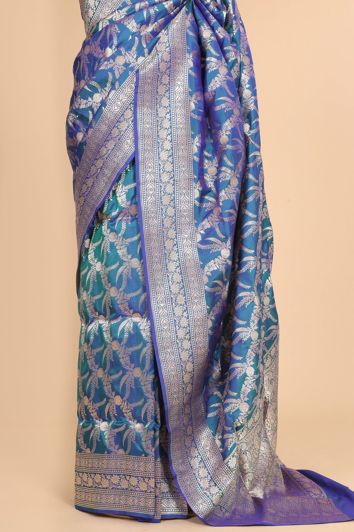 Dual Tone Peacock Blue Pure Katan Silk Saree Allover Jaal