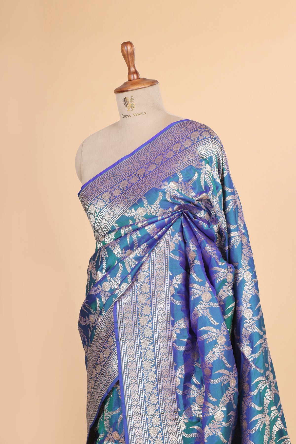 Dual Tone Peacock Blue Pure Katan Silk Saree Allover Jaal