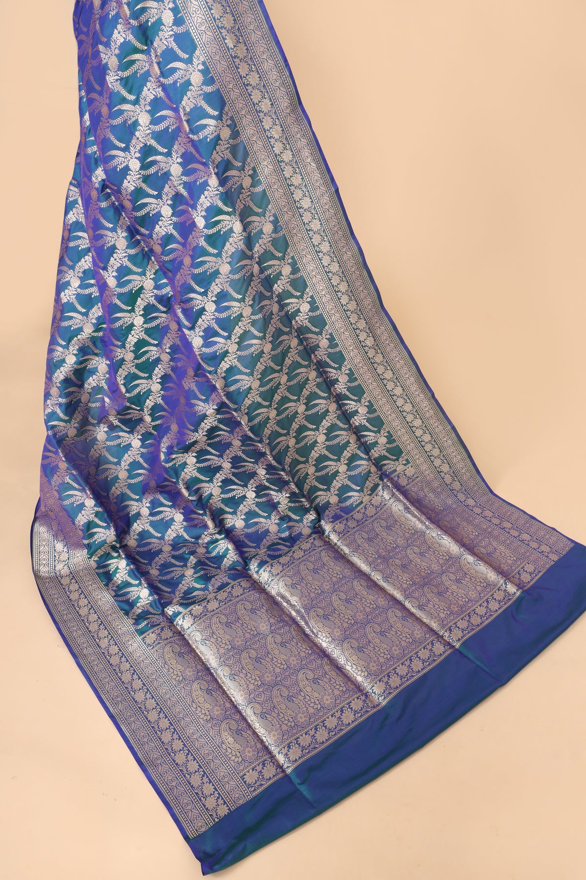 Dual Tone Peacock Blue Pure Katan Silk Saree Allover Jaal