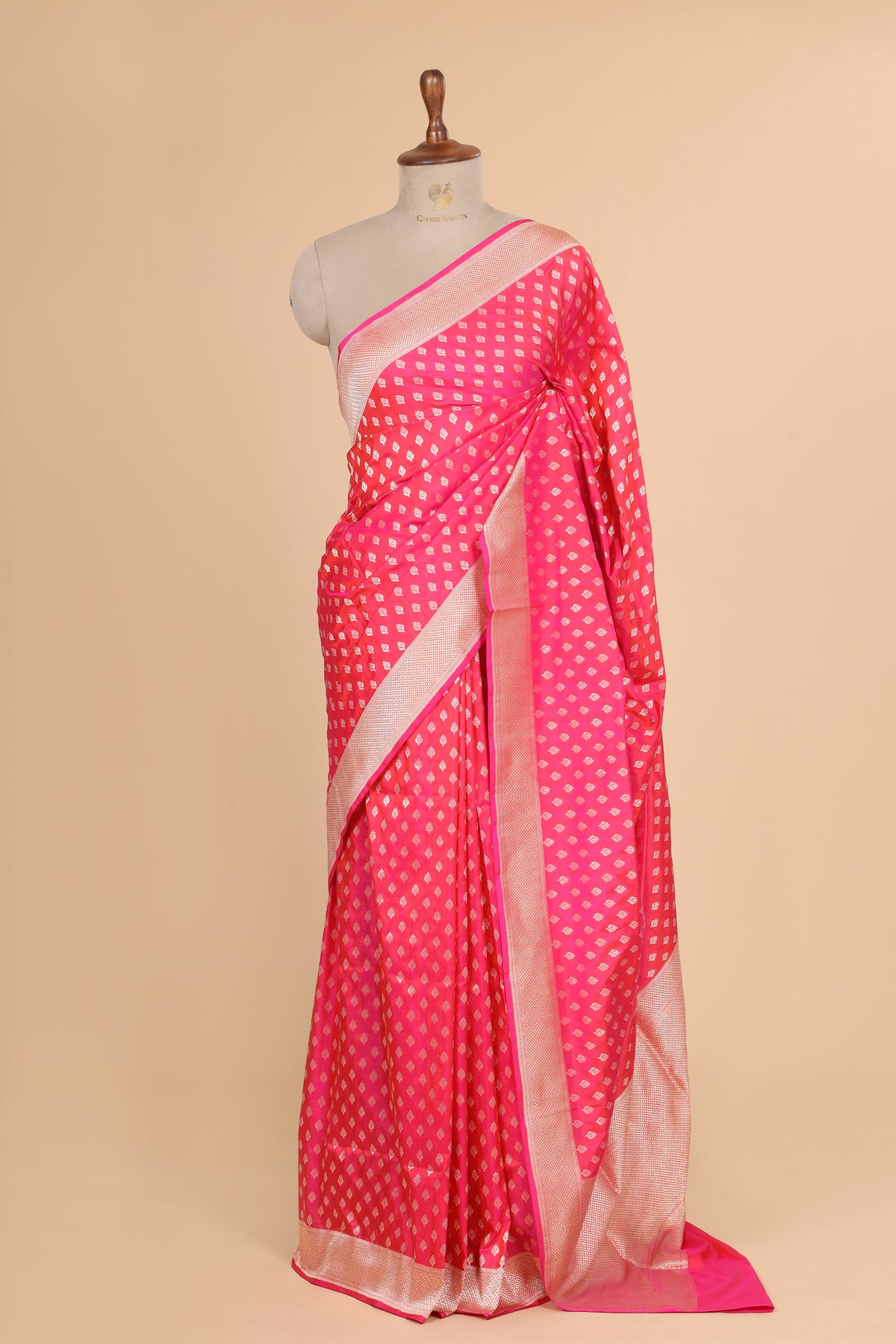 Bright Pink Pure Banarasi Katan Silk Saree Allover Floral Booti