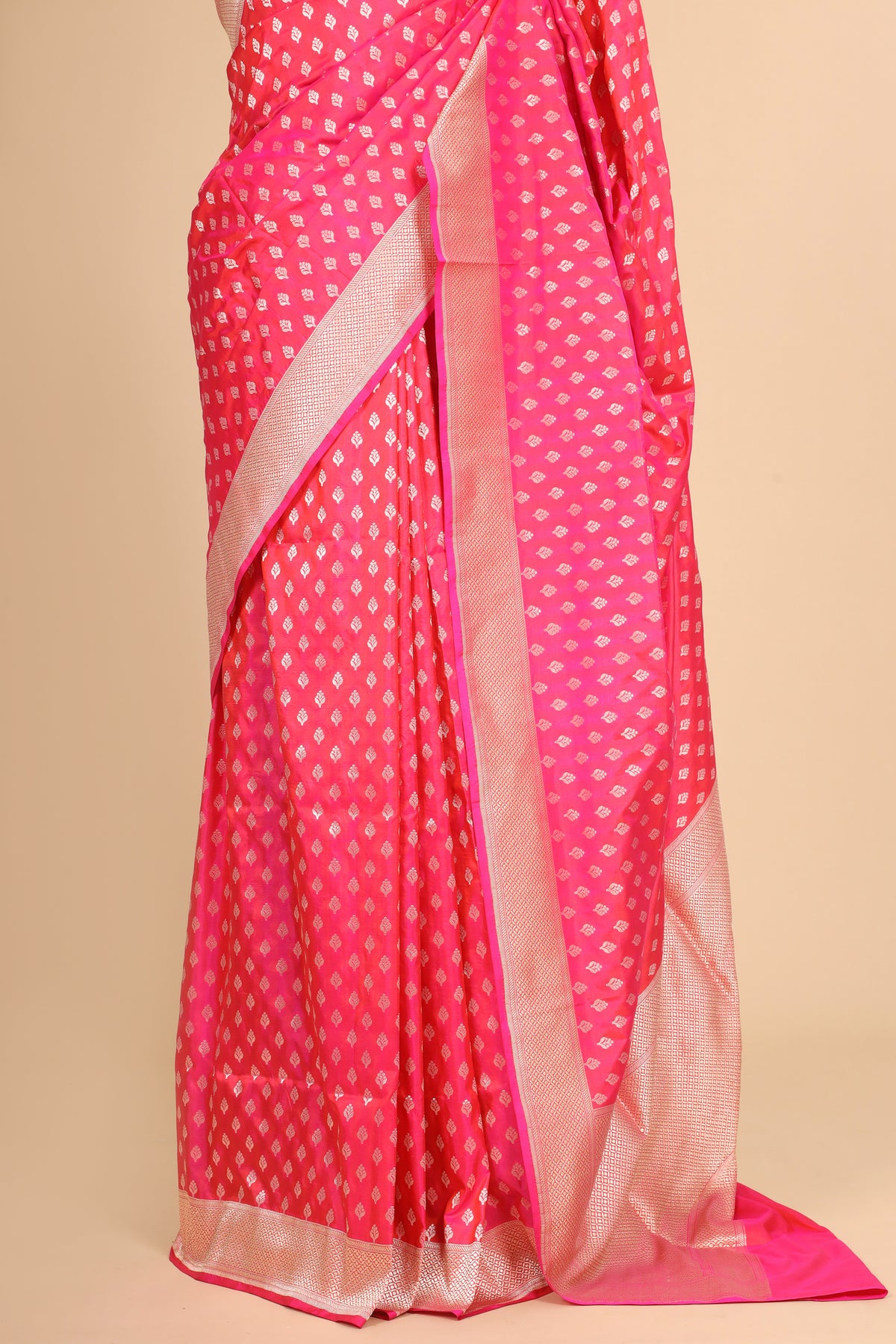 Bright Pink Pure Banarasi Katan Silk Saree Allover Floral Booti