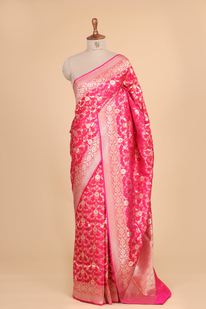 Rani Pink Pure Katan Silk Saree with Allover Floral Zari Motifs