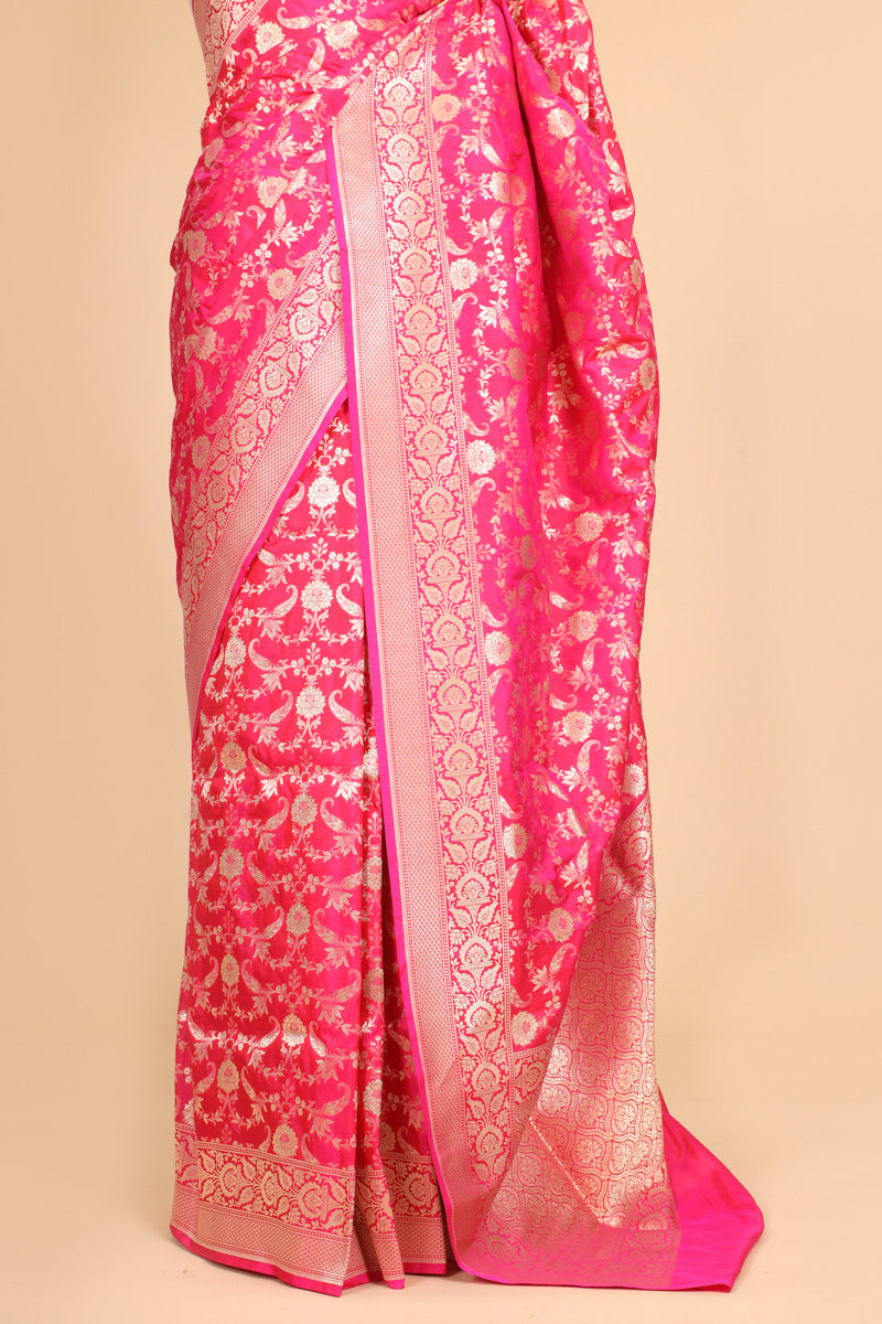 Rani Pink Pure Katan Silk Saree with Allover Floral Zari Motifs