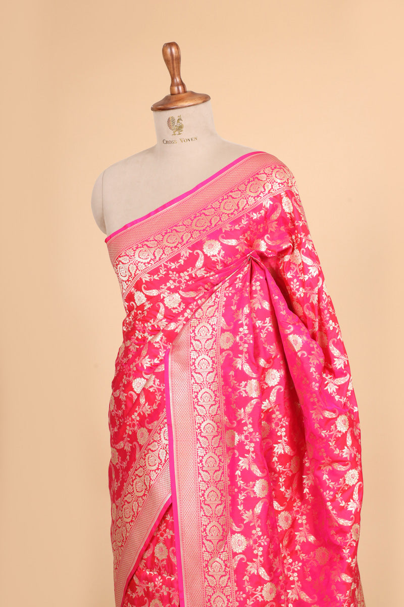 Rani Pink Pure Katan Silk Saree with Allover Floral Zari Motifs