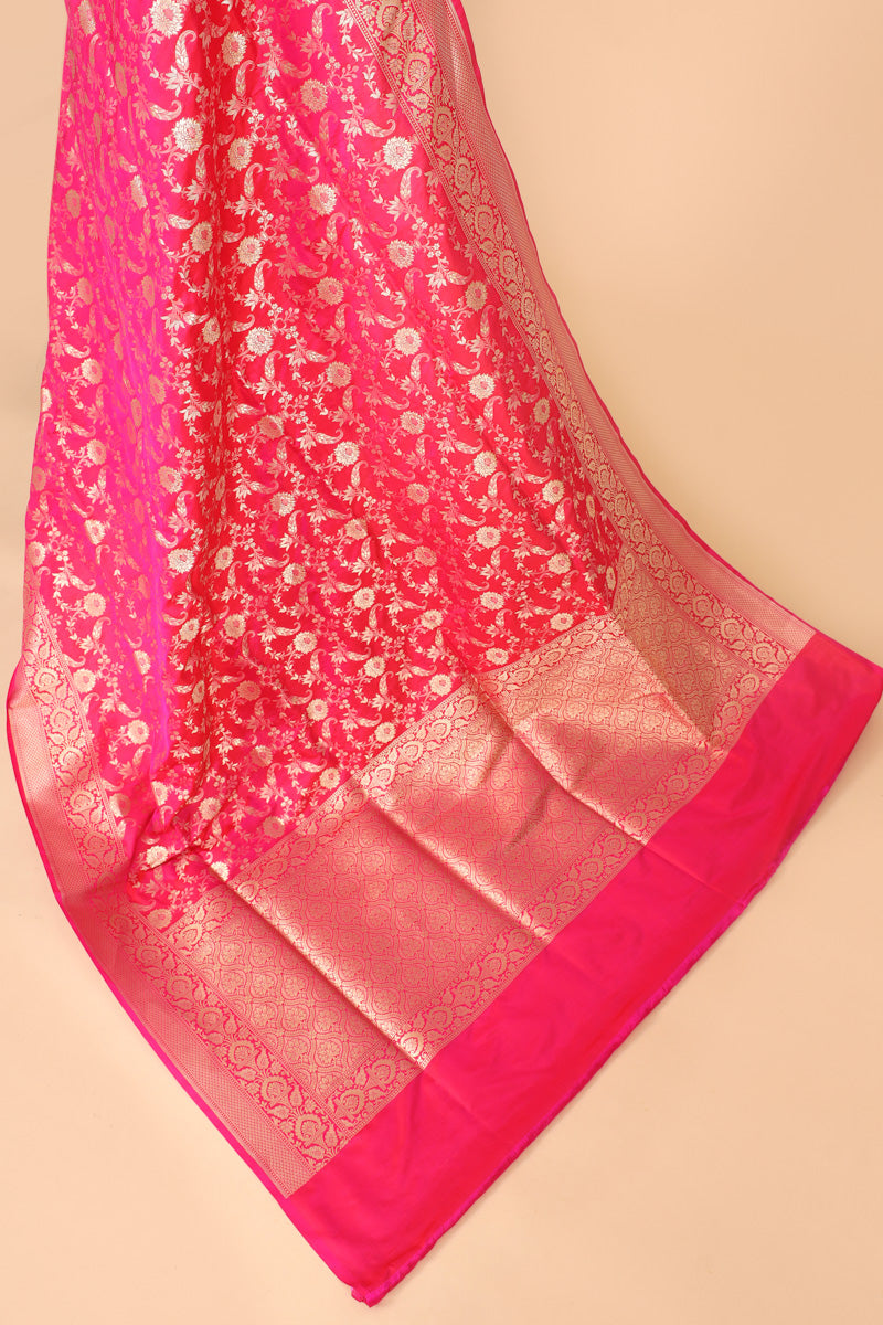 Rani Pink Pure Katan Silk Saree with Allover Floral Zari Motifs
