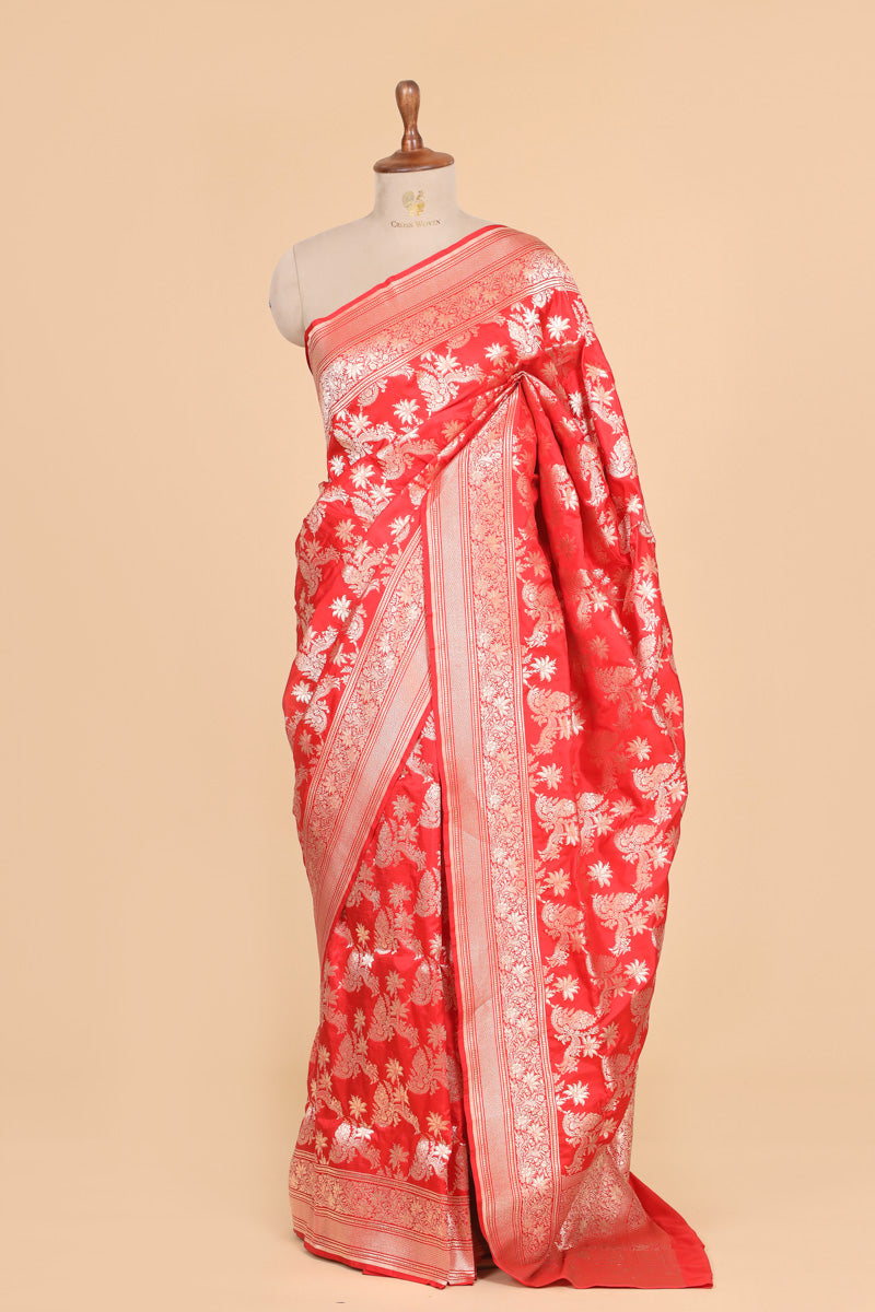 Red Pure Katan Silk Saree with Traditional Floral Zari Brocade