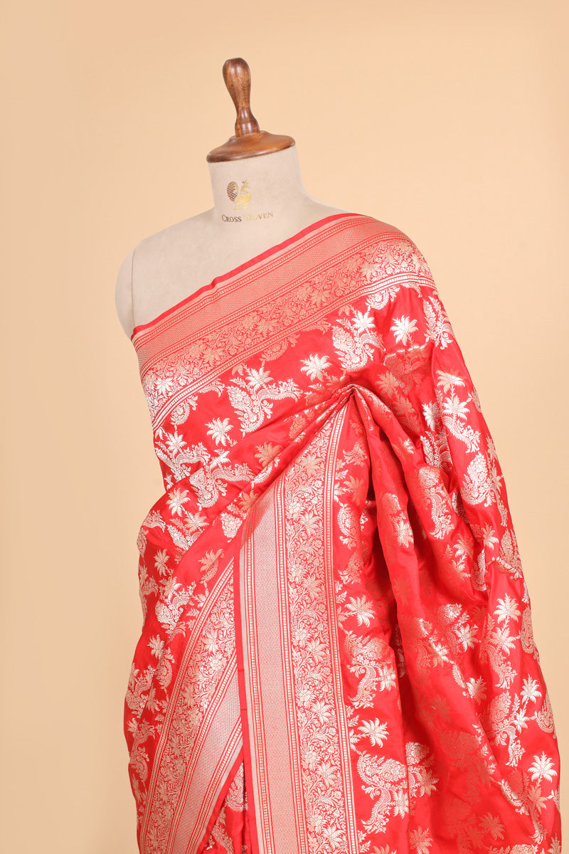 Red Pure Katan Silk Saree with Traditional Floral Zari Brocade