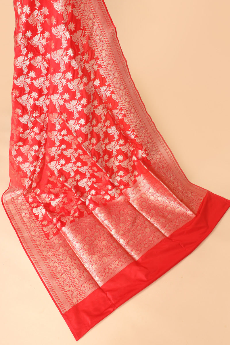 Red Pure Katan Silk Saree with Traditional Floral Zari Brocade