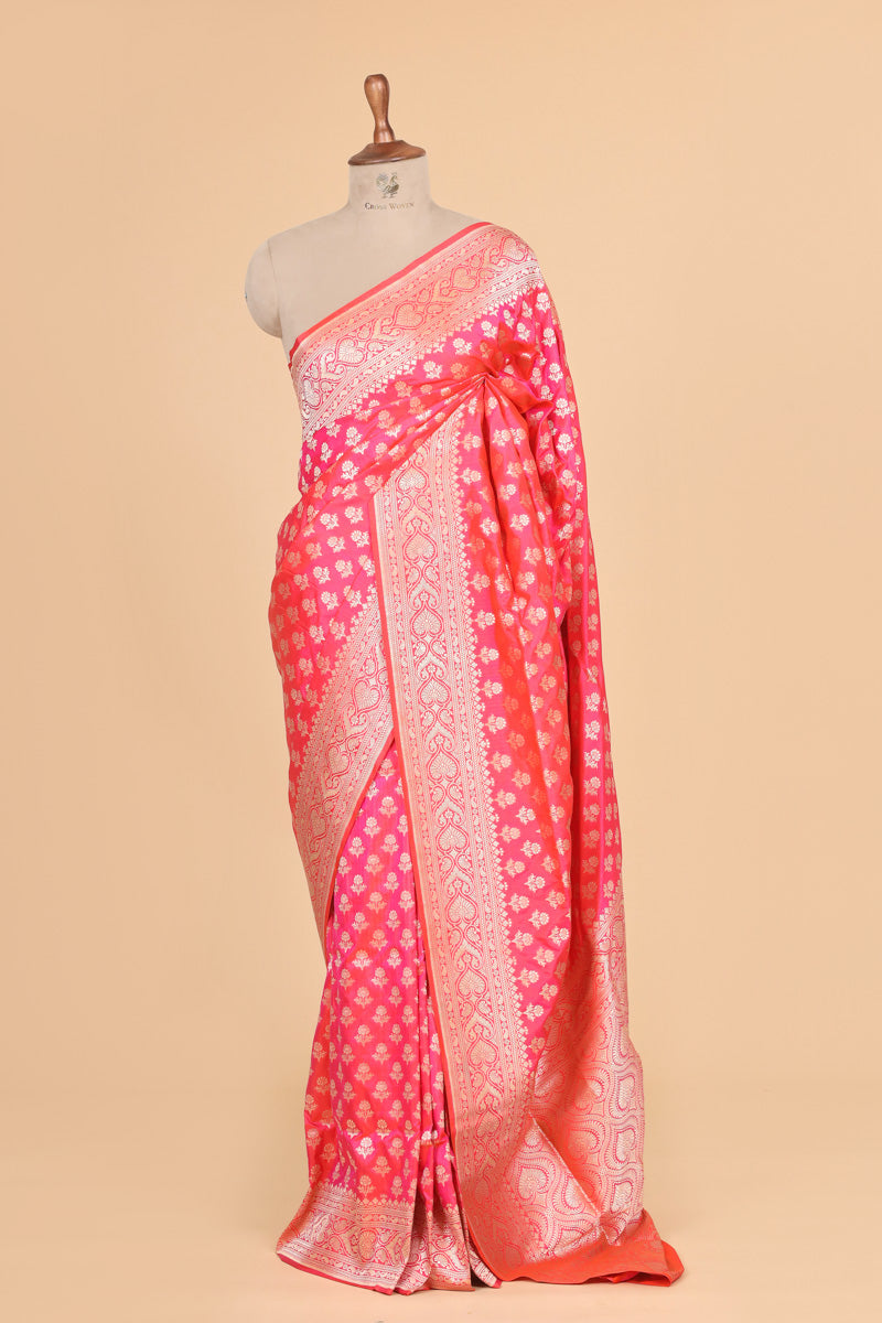 Coral Pink Pure Katan Silk Saree with Floral Zari Weave