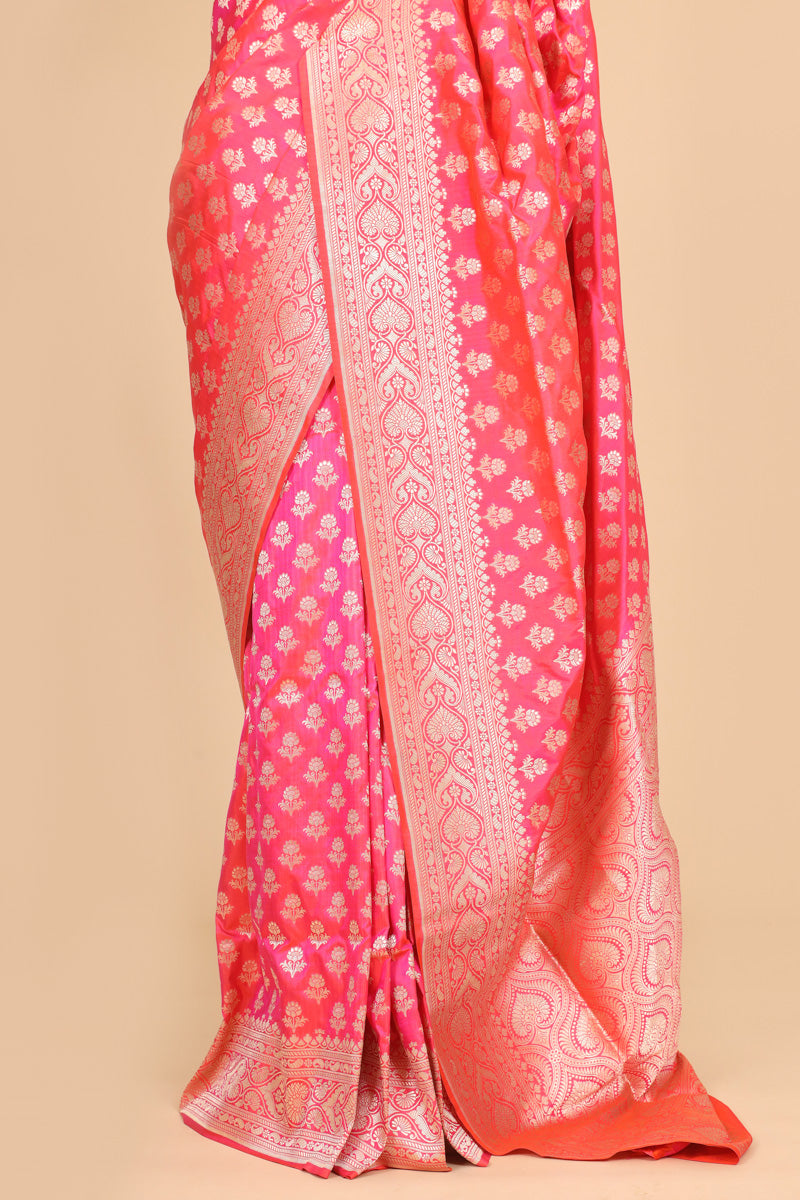 Coral Pink Pure Katan Silk Saree with Floral Zari Weave