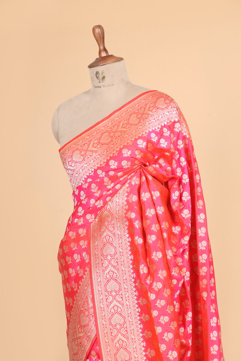 Coral Pink Pure Katan Silk Saree with Floral Zari Weave