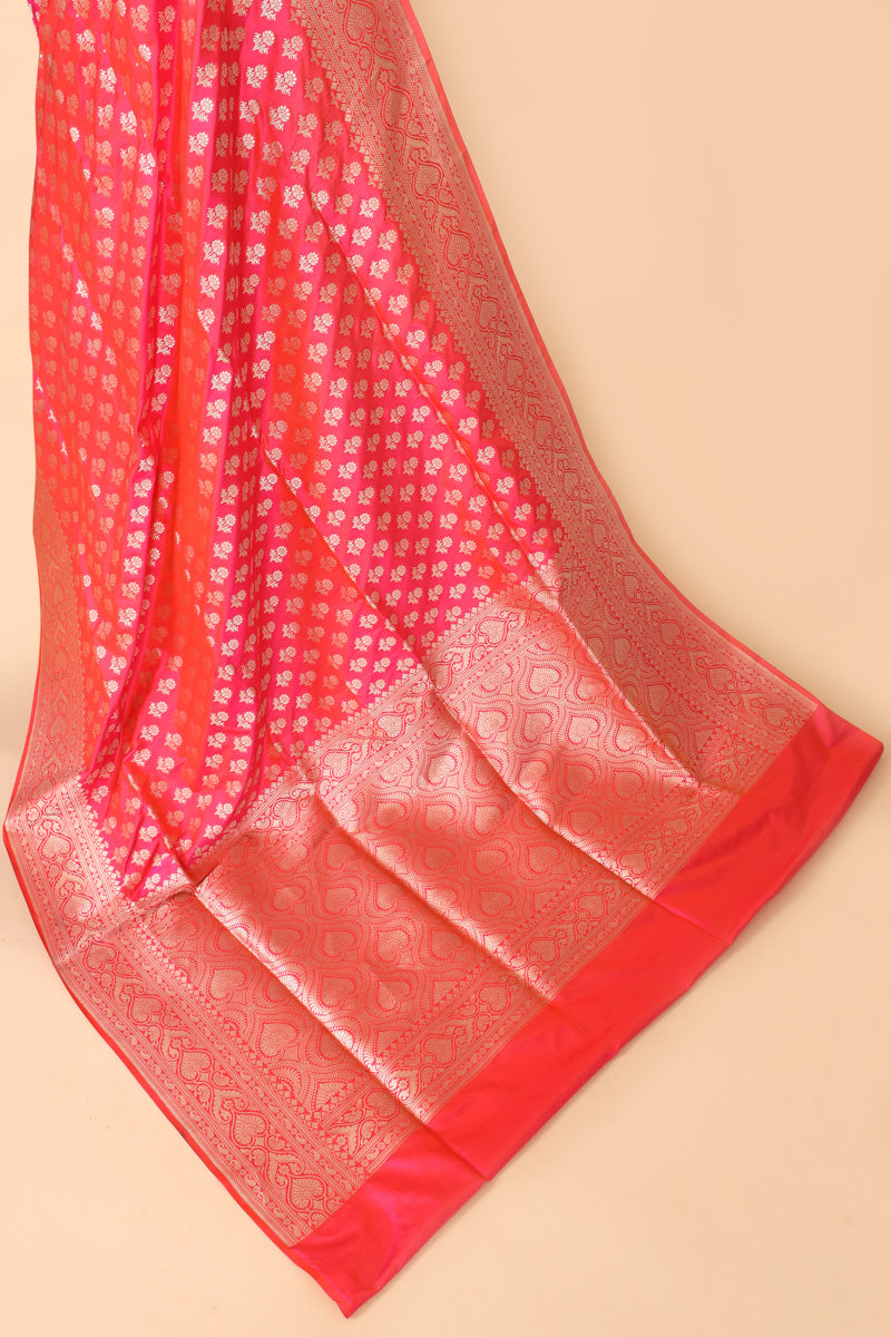 Coral Pink Pure Katan Silk Saree with Floral Zari Weave