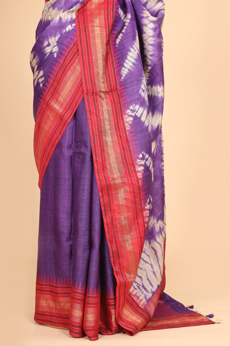 Purple Red Tie-Dye Tussar Silk Saree
