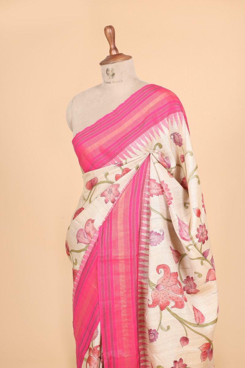 Ivory Pink Handbrush Tussar Silk Floral Saree