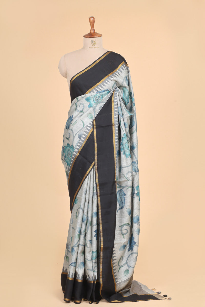 Black & Grey Handbrush Tussar Silk Floral Saree