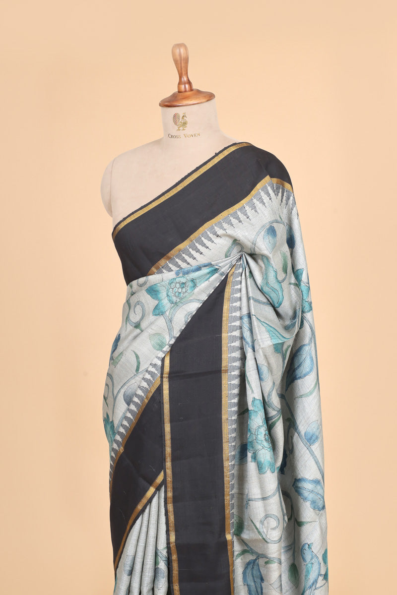 Black & Grey Handbrush Tussar Silk Floral Saree